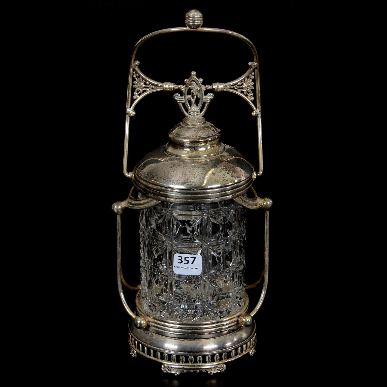 Victorian Pickle Castor, Clear Pattern Glass Insert: Victorian Pickle Castor, Clear Pattern Glass Insert, 11.5", Block Design, Set On Pairpoint #641 Silverplate Mechanical Frame, Nebraska Collection Of Ron & Pam Blessing