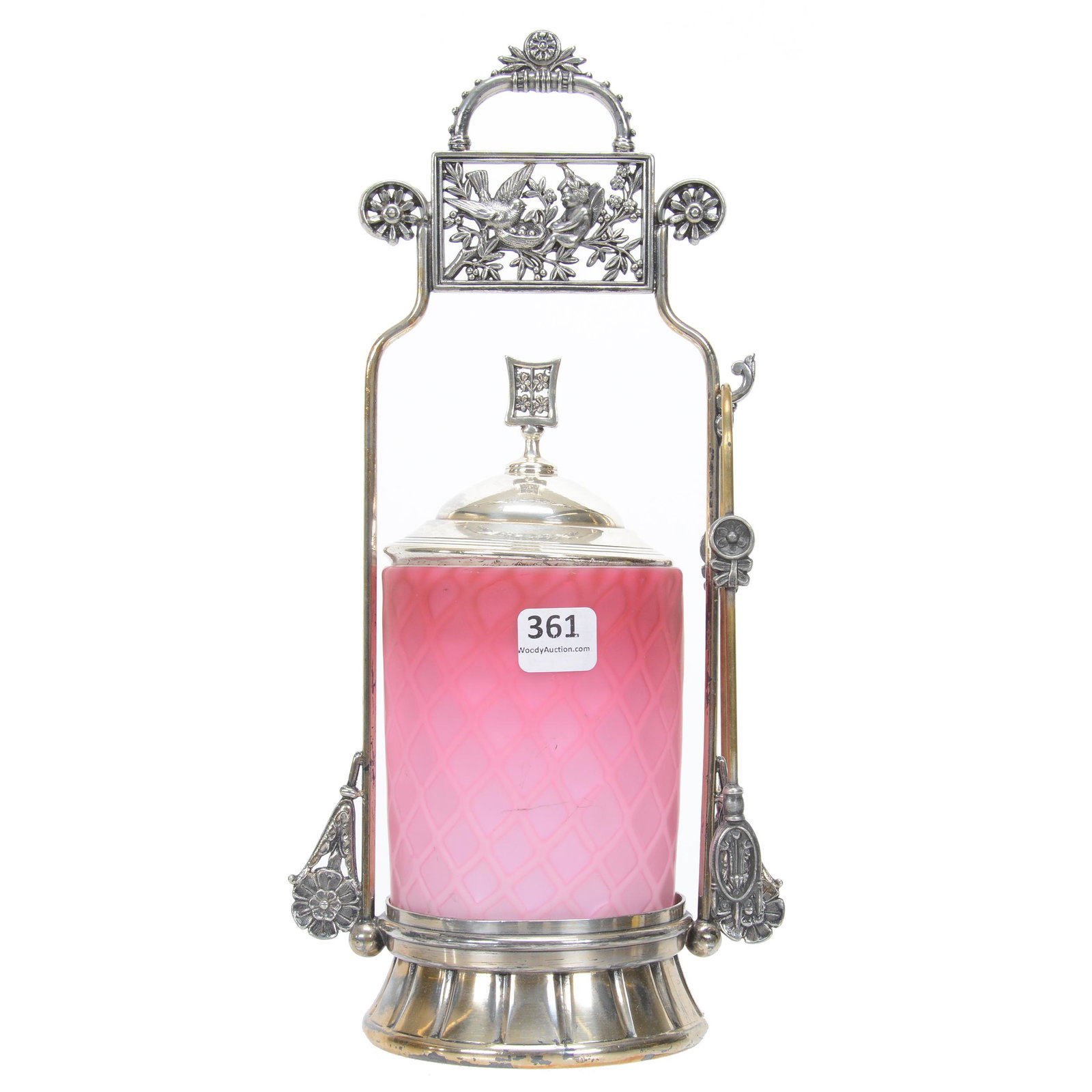 Victorian Pickle Castor, Pink Satin MOP Art Glass: Victorian Pickle Castor, Pink Satin MOP Art Glass, 11.75", Diamond Quilted Insert Set On Elaborate Rogers Smith #220 Silverplate Frame Featuring Bird, Nest And Fairy Looking On, Very Nice, Nebraska Co