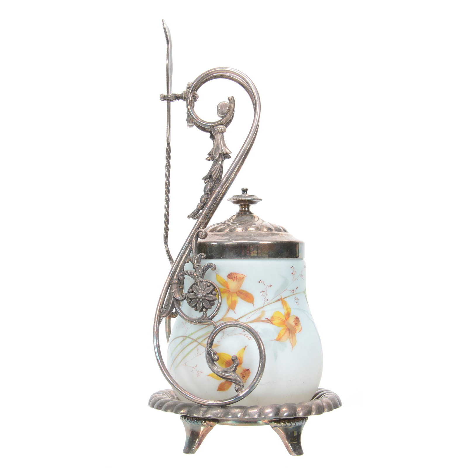 Victorian Pickle Castor, Blue/White Satin Art Glass: Victorian Pickle Castor, Blue/White Satin Art Glass, 10.25", Insert With Enamel Daffodil Decor, Set On Ornate Homan #1072 Silverplate Frame, Nebraska Collection Of Ron & Pam Blessing
