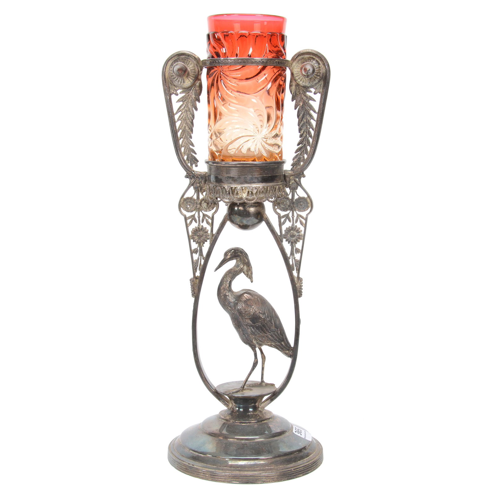 Victorian Art Glass Pedestal Vase: Victorian Art Glass Pedestal Vase, 14.5", Nice Replacement Baccarat Rose Tinted Vase, Silverplate Stand Attributed To Reed & Barton, Stand Features Full Figure Stork With Elaborate Fern Handles, Nebra