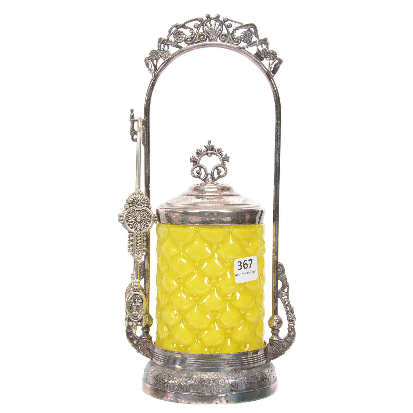 Victorian Pickle Castor, Yellow Cased Art Glass: Victorian Pickle Castor, Yellow Cased Art Glass, 11", Pinecone Art Glass Mold, Set On Rogers & Brothers #4615 Silverplate Frame, Nebraska Collection Of Ron & Pam Blessing