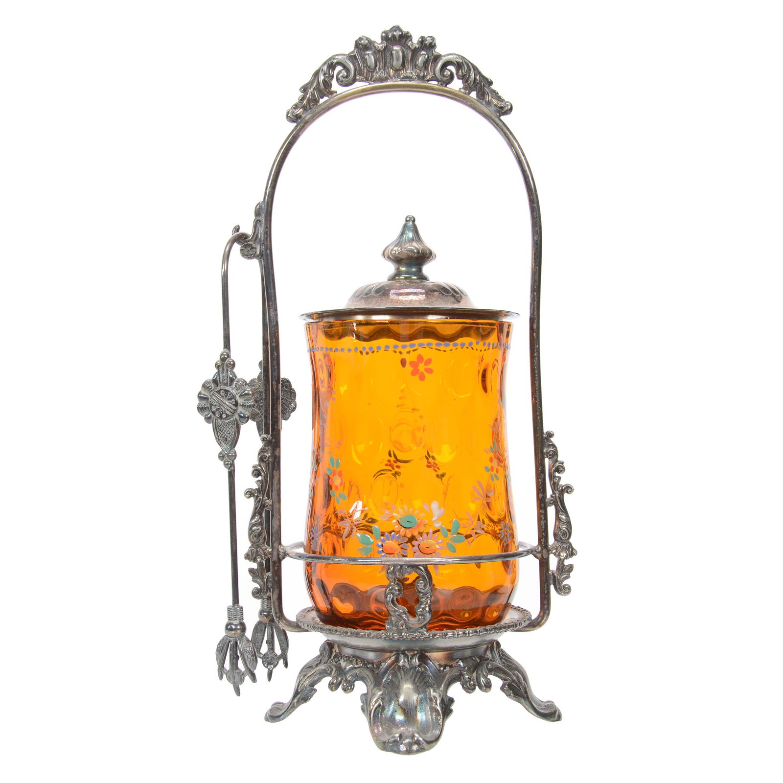 Victorian Pickle Castor, Solid Amber Art Glass: Victorian Pickle Castor, Solid Amber Art Glass, 10.5", Coinspot Insert With Enamel Floral Decor, Set On Pairpoint #678 Silverplate Frame, Nebraska Collection Of Ron & Pam Blessing