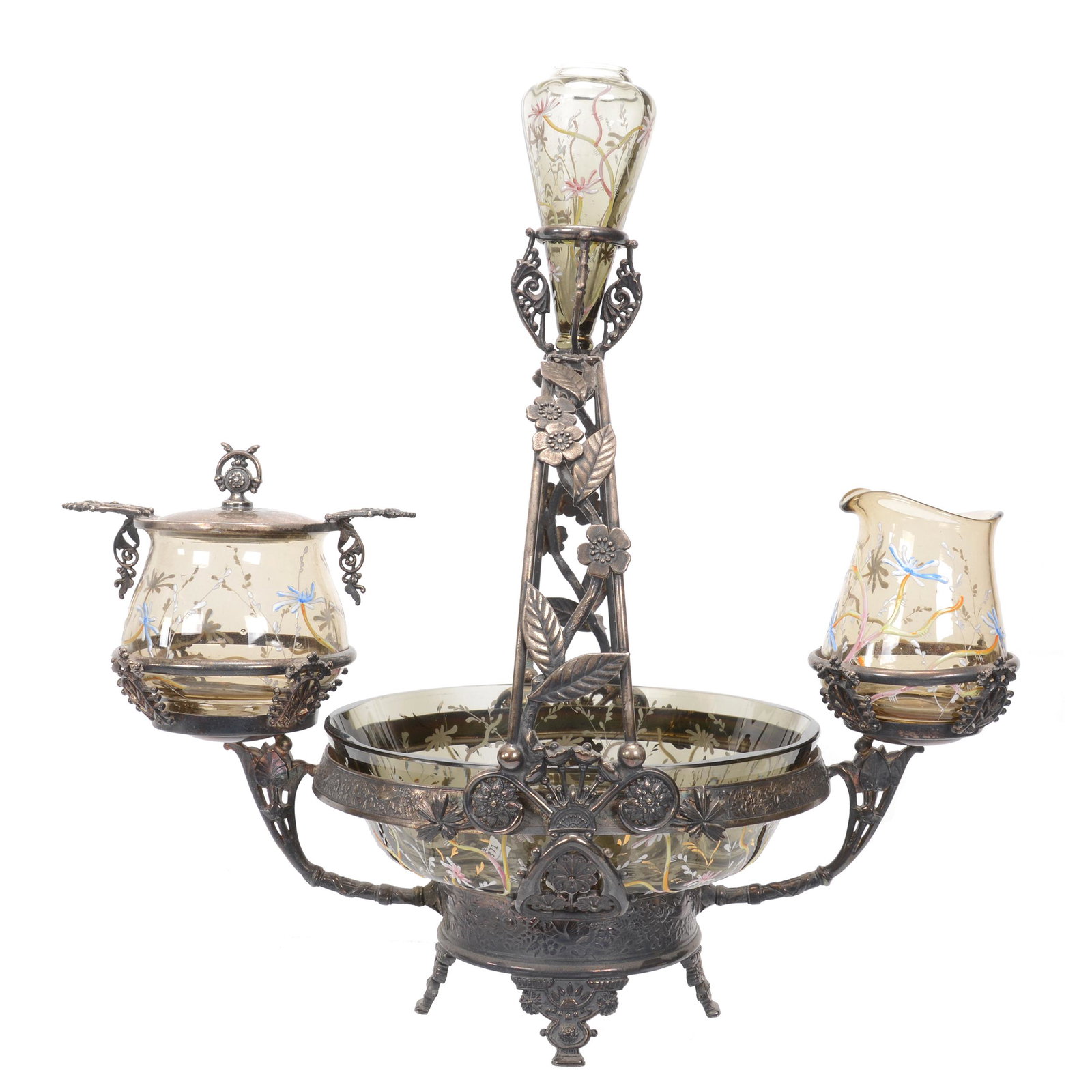 Victorian Centerpiece, Solid Amber Art Glass: Victorian Centerpiece, Solid Amber Art Glass, 17.5" X 17", Elaborate Enamel Floral Decor On Art Glass Inserts Which Include A Handle-Less Creamer, Covered Sugar, 9" Brides Bowl And 5" Bud Vase Atop Ce