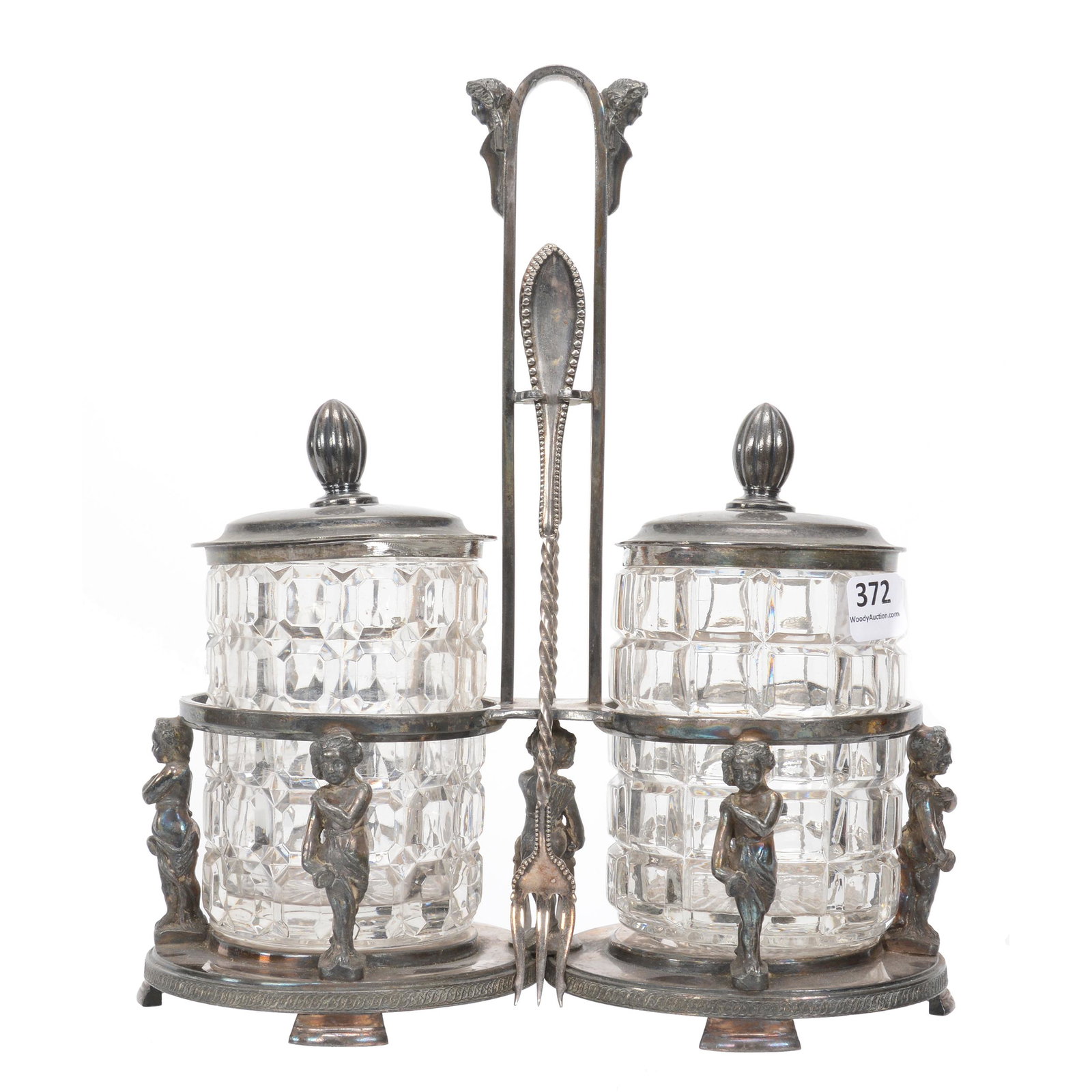 Victorian Double Castor Set, Pattern Glass Inserts: Victorian Double Castor Set, Pattern Glass Inserts, 10.5" X 9", Block Pattern, Set On Adams Chandler & Co., #050 Silverplate Frame Featuring Seven Full Figure Women, Nebraska Collection Of Ron & Pam B