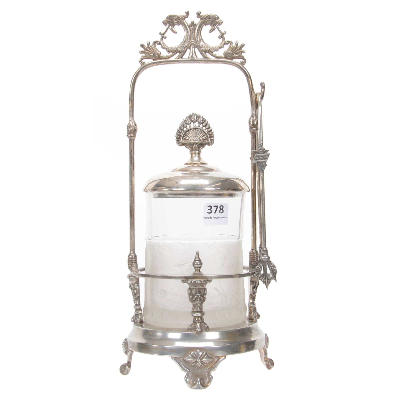Victorian Pickle Castor, Clear/Frosted Glass Insert: Victorian Pickle Castor, Clear/Frosted Glass Insert, 12", Stag And Doe Scenic Decor, Set On Simpson Hall & Miller #48 Silverplate Frame, Nebraska Collection Of Ron & Pam Blessing