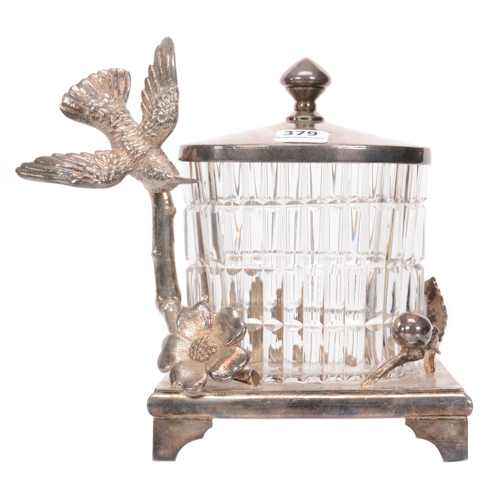 Victorian Pickle Castor, Clear Oval Glass Insert: Victorian Pickle Castor, Clear Oval Glass Insert, 7.25", Design Of Columns, Set On Elaborate Derby #136 Silverplate Frame With Full Figure Hummingbird With Blossom Design, Insert Has Small Rim Chip, N