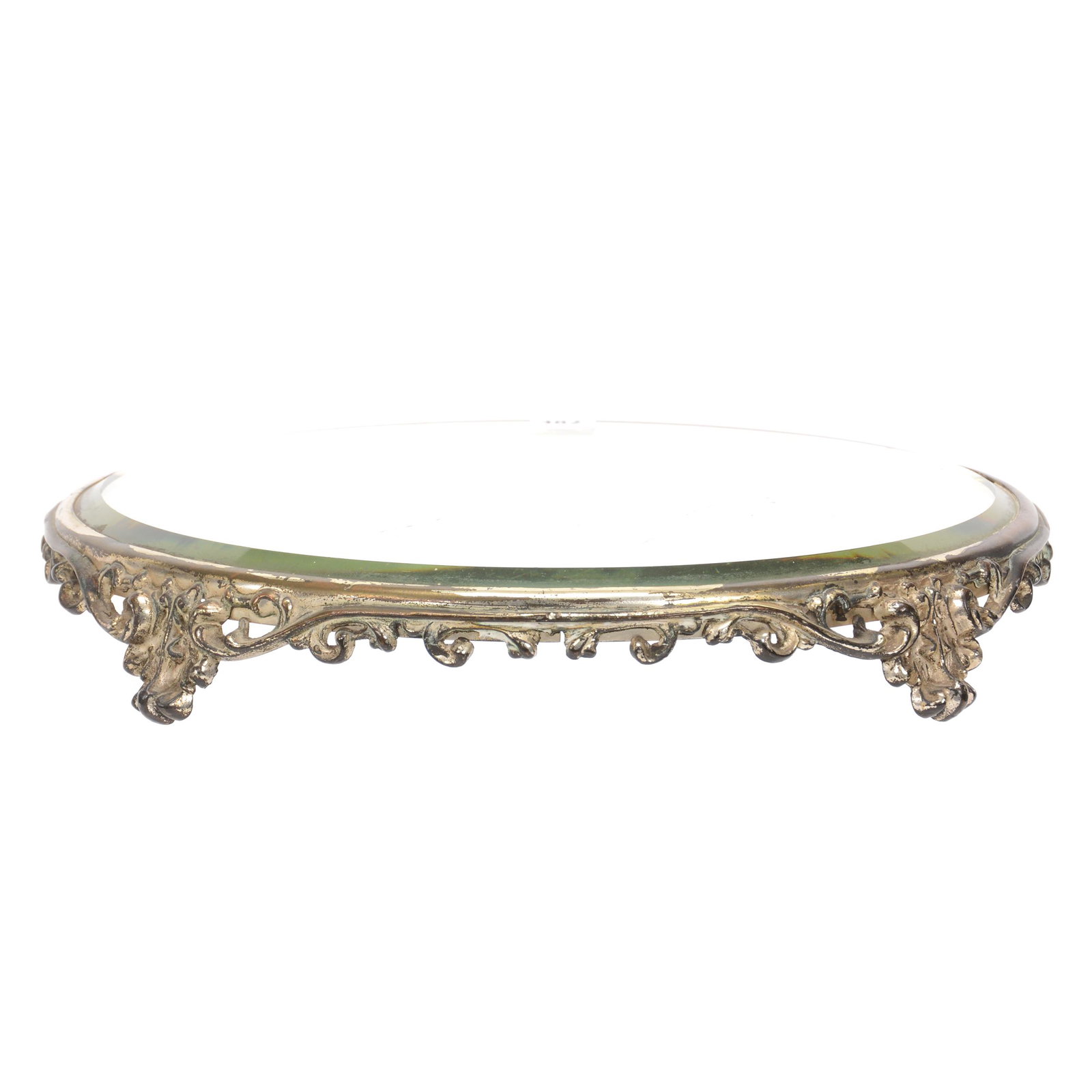 Mirror Plateau, Footed, Beveled Mirror: Mirror Plateau, Footed, Beveled Mirror, 12", Scroll Design Frame, Nebraska Collection Of Ron & Pam Blessing