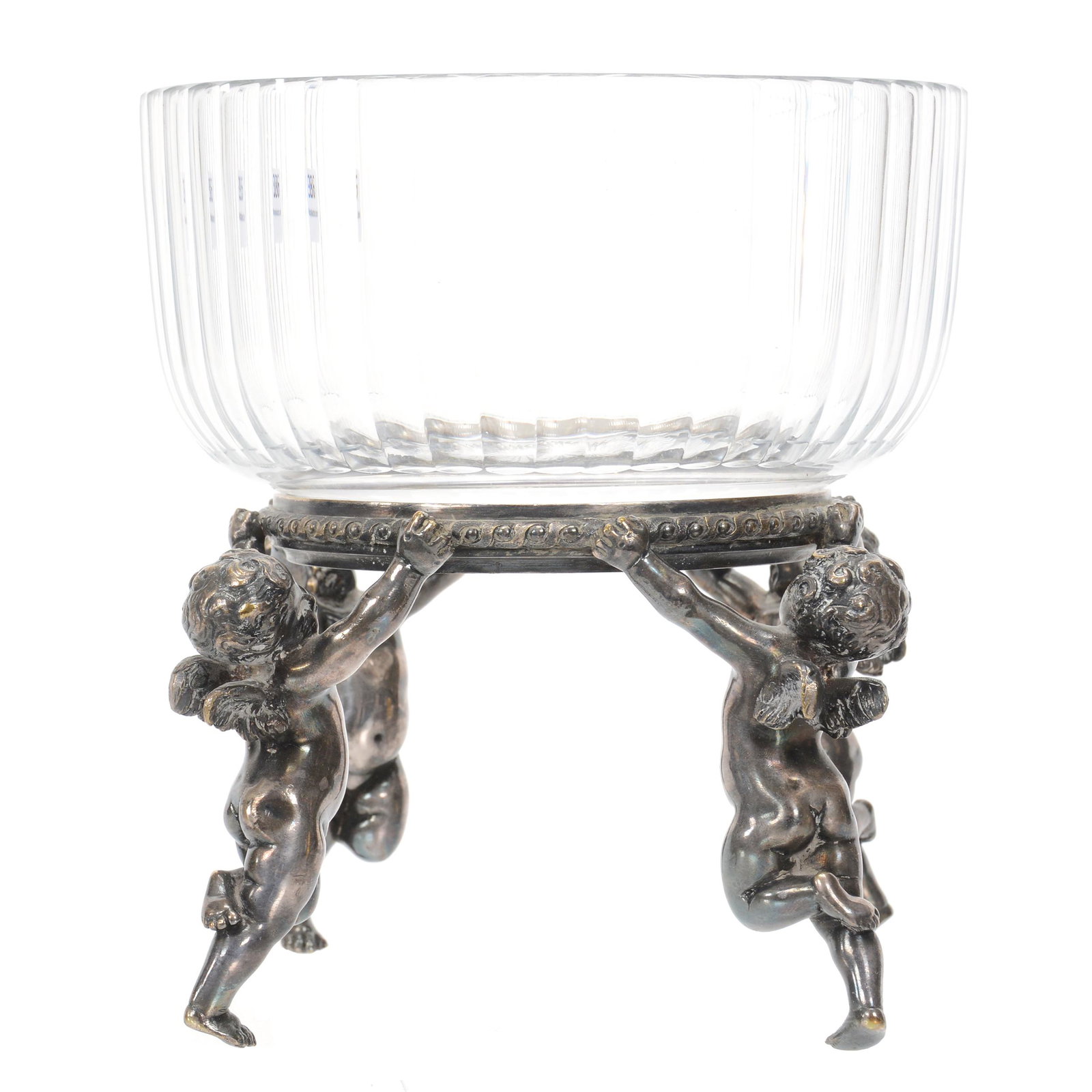 Victorian Brides Basket, Clear Cut Glass Bowl: Victorian Brides Basket, Clear Cut Glass Bowl, 7.75" X 7", Concave Rib Design, Set On Silverplate Stand With Four Cherubs Uplifting Bowl, No Maker's Mark, Nebraska Collection Of Ron & Pam Blessing