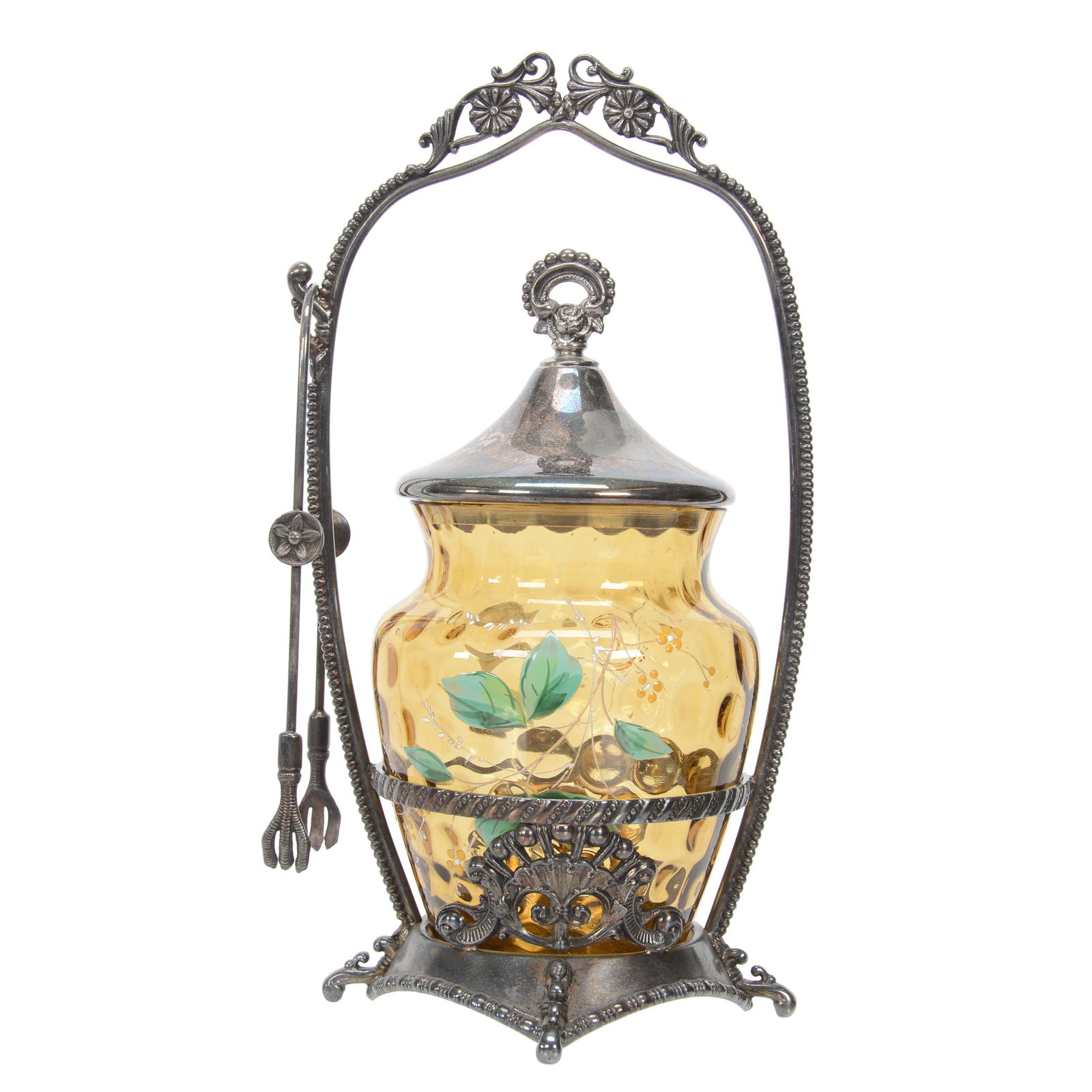 Victorian Pickle Castor, Amber Coinspot Art Glass: Victorian Pickle Castor, Amber Coinspot Art Glass, 9.75", Insert With Enamel Floral Decor, Set On Aurora #694 Silverplate Frame, Nebraska Collection Of Ron & Pam Blessing
