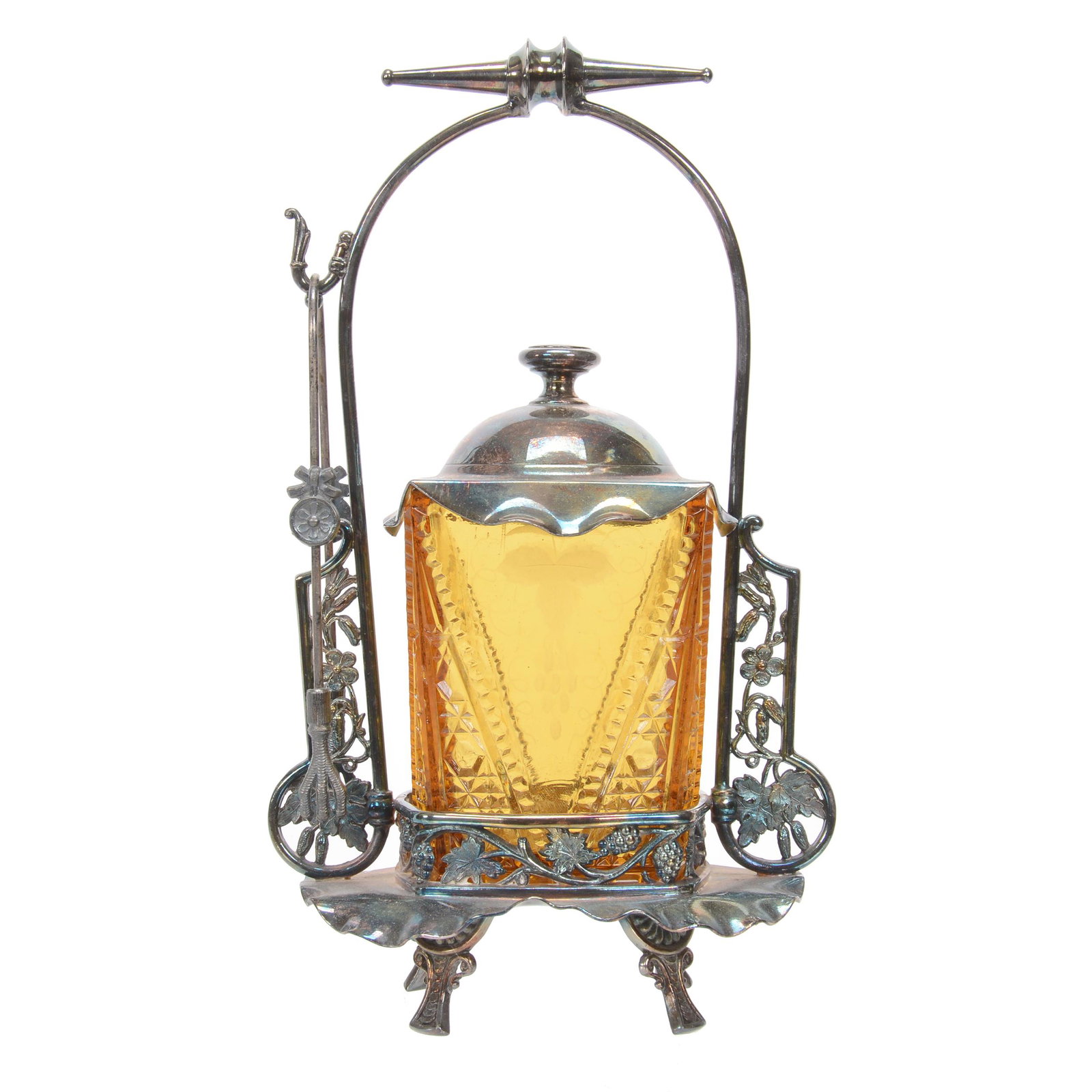 Victorian Pickle Castor, Amber Glass Insert: Victorian Pickle Castor, Amber Glass Insert, 10.5", Square Form With Cane Pattern And Etched Floral Highlights, Set On Rogers #437 Silverplate Frame, Nebraska Collection Of Ron & Pam Blessing
