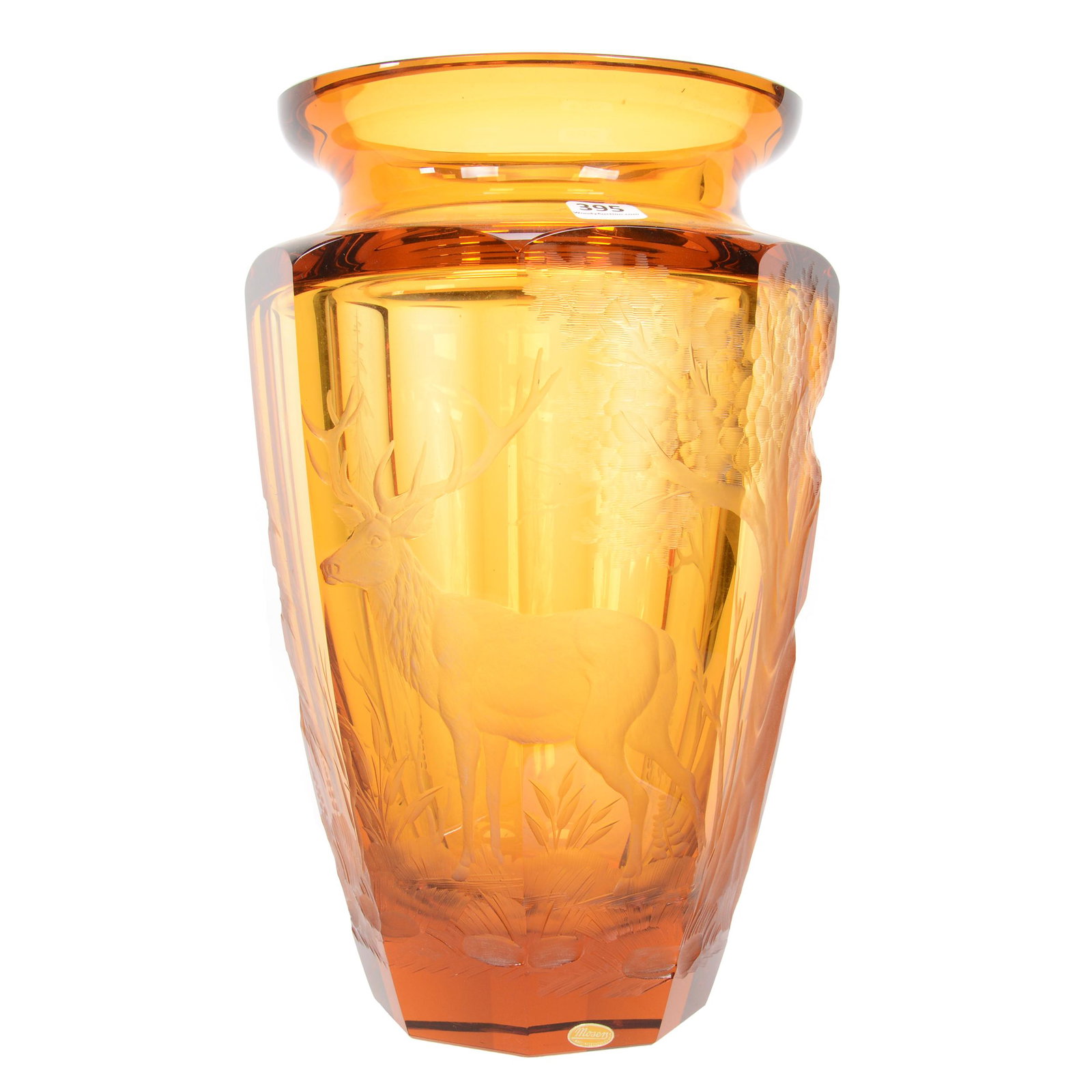 Vase Signed Moser Solid Amber Art Glass: Vase Signed Moser Solid Amber Art Glass, 12.5" X 8", Incredibly Detailed Engraving Of Stag And Forest Scene Decor, Artist Signed, Nearly Twelve Pounds Total Weight, Nebraska Collection Of Ron & Pam Bl