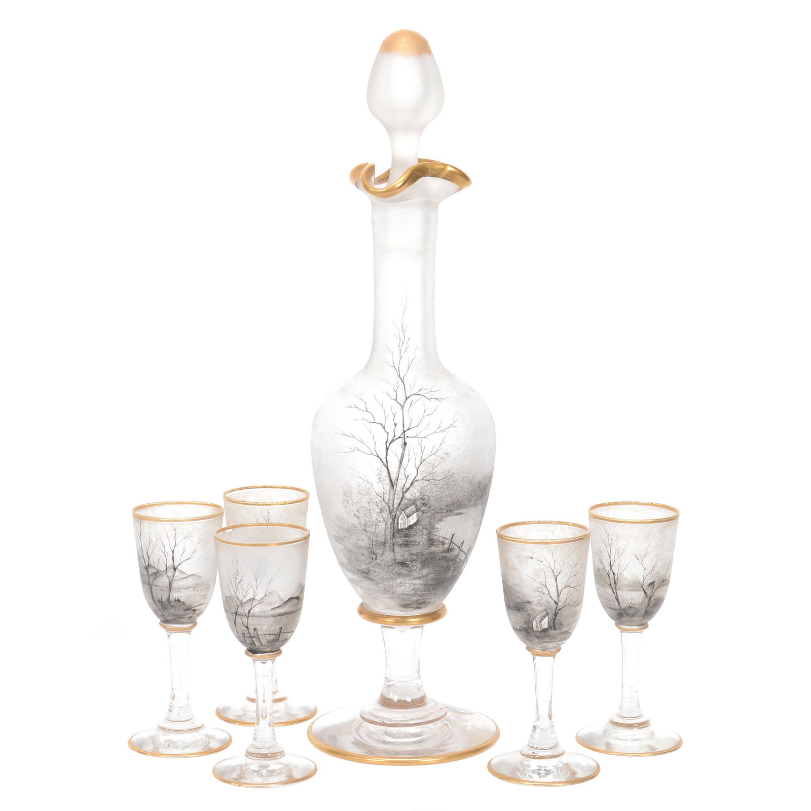 Cordial Set Signed Daum Nancy French Cameo Art Glass: Cordial Set Signed Daum Nancy French Cameo Art Glass, Frosted White Background With Acid Cut Black Enamel Scenic Decor, Gold Trim, (1) 11" Pedestal Decanter, (5) 3.75" Matching Cordial Stems, Nebraska