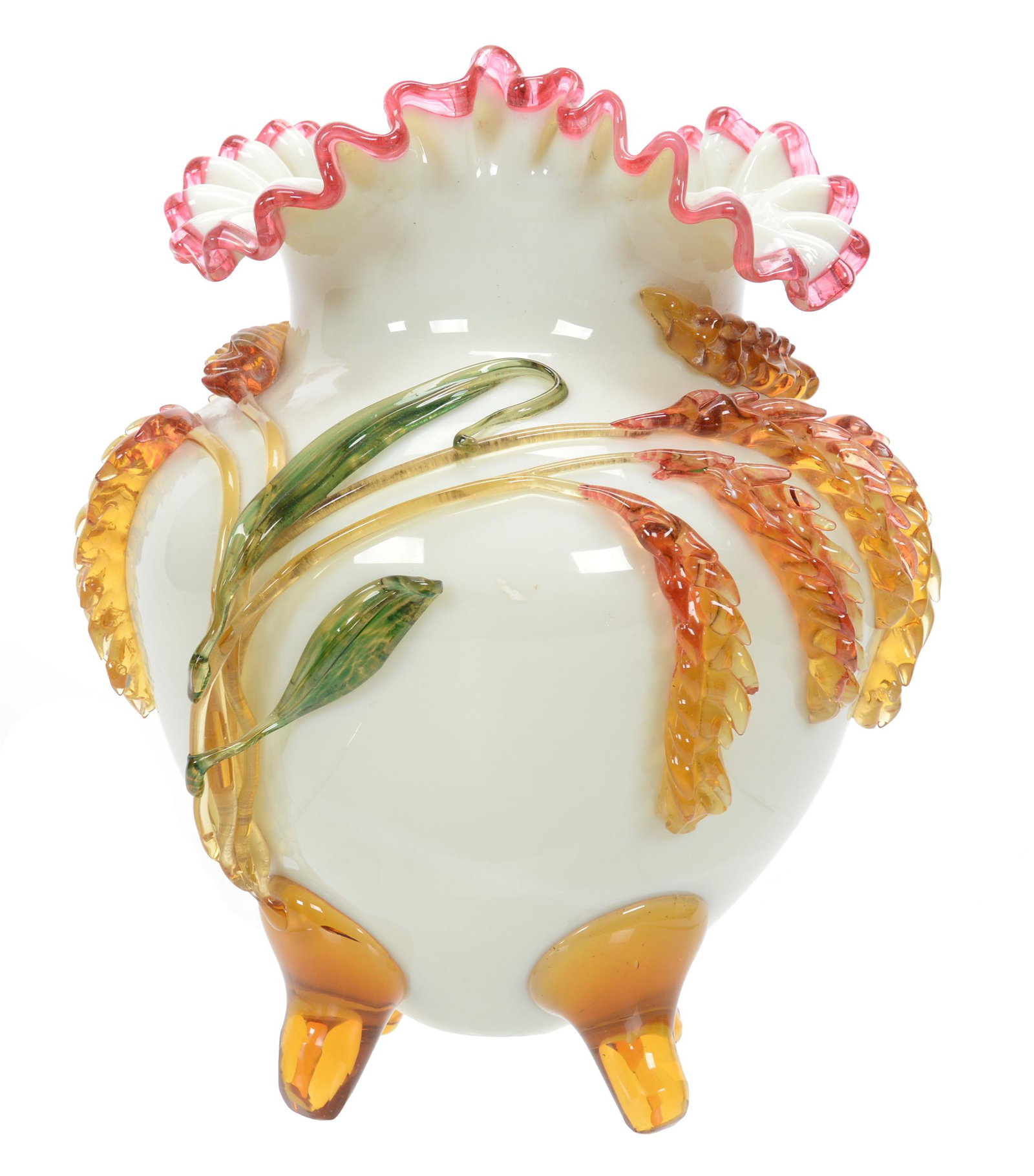 Footed Vase, Cased Stevens And Williams Art Glass: Footed Vase, Cased Stevens And Williams Art Glass, 10" X 8.5", White Body With Pink Applied Rim, Amber Applied Feet, Decorated With Applied Amber And Green Wheat Stalk Highlights, Surface Chip, Part o