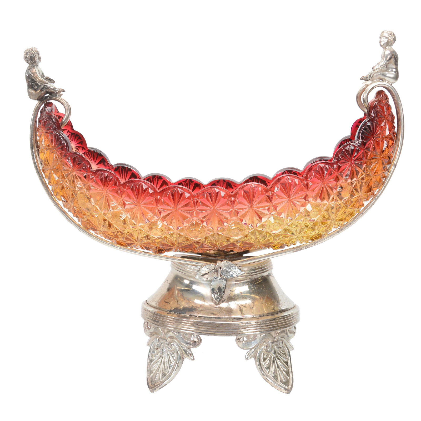 Victorian Relish, Amberina Art Glass Insert: Victorian Relish, Amberina Art Glass Insert, 7.75" X 8.75", Canoe Form Relish, Button & Daisy Pattern, Set On Unmarked Silverplate Footed Stand With A Full Figure Cherub At Each End Of Frame Holding C