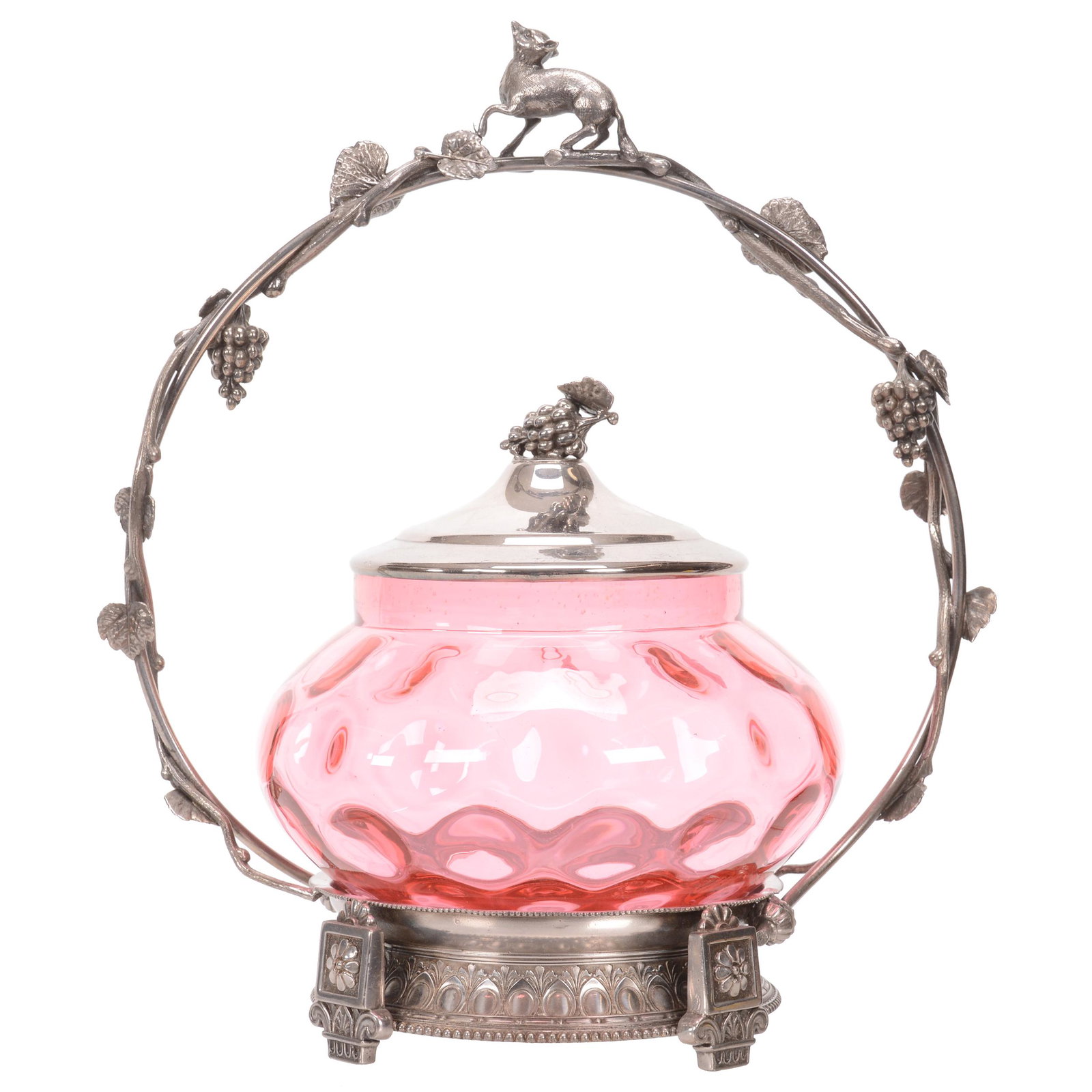 Victorian Sweetmeat, Cranberry Art Glass Insert: Victorian Sweetmeat, Cranberry Art Glass Insert, 11.5" X 10", Inverted Thumbprint, Set On Middletown #823 Silverplate Frame With Full Figure Fox, Grape And Vines On Handle, Insert Has Rim Roughness, N