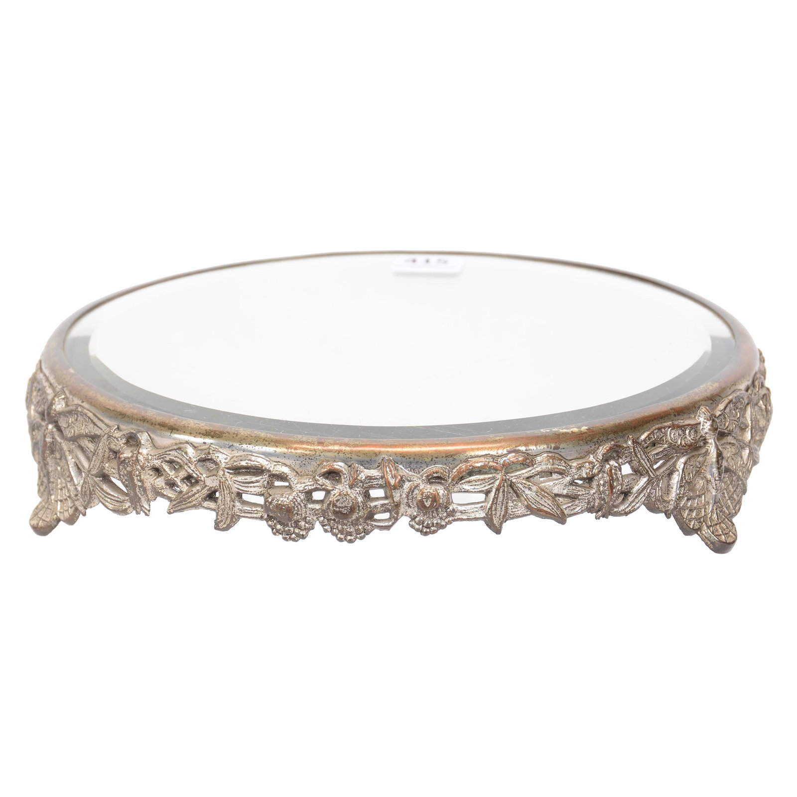 Mirror Plateau, Footed, Beveled Mirror: Mirror Plateau, Footed, Beveled Mirror, 8.5", Embossed Silverplate Frame Featuring Dragonflies, Leaves And Berries, Nebraska Collection Of Ron & Pam Blessing