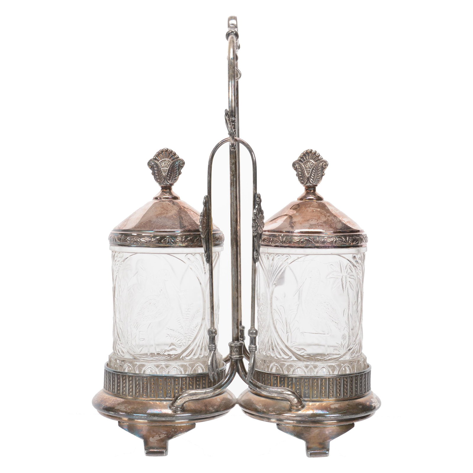 Victorian Double Castor Set, Pattern Glass Inserts: Victorian Double Castor Set, Pattern Glass Inserts, 11.75" X 8.25", Stork And Rushes Pattern, Set On Meriden #605 Silverplate Frame, Nebraska Collection Of Ron & Pam Blessing