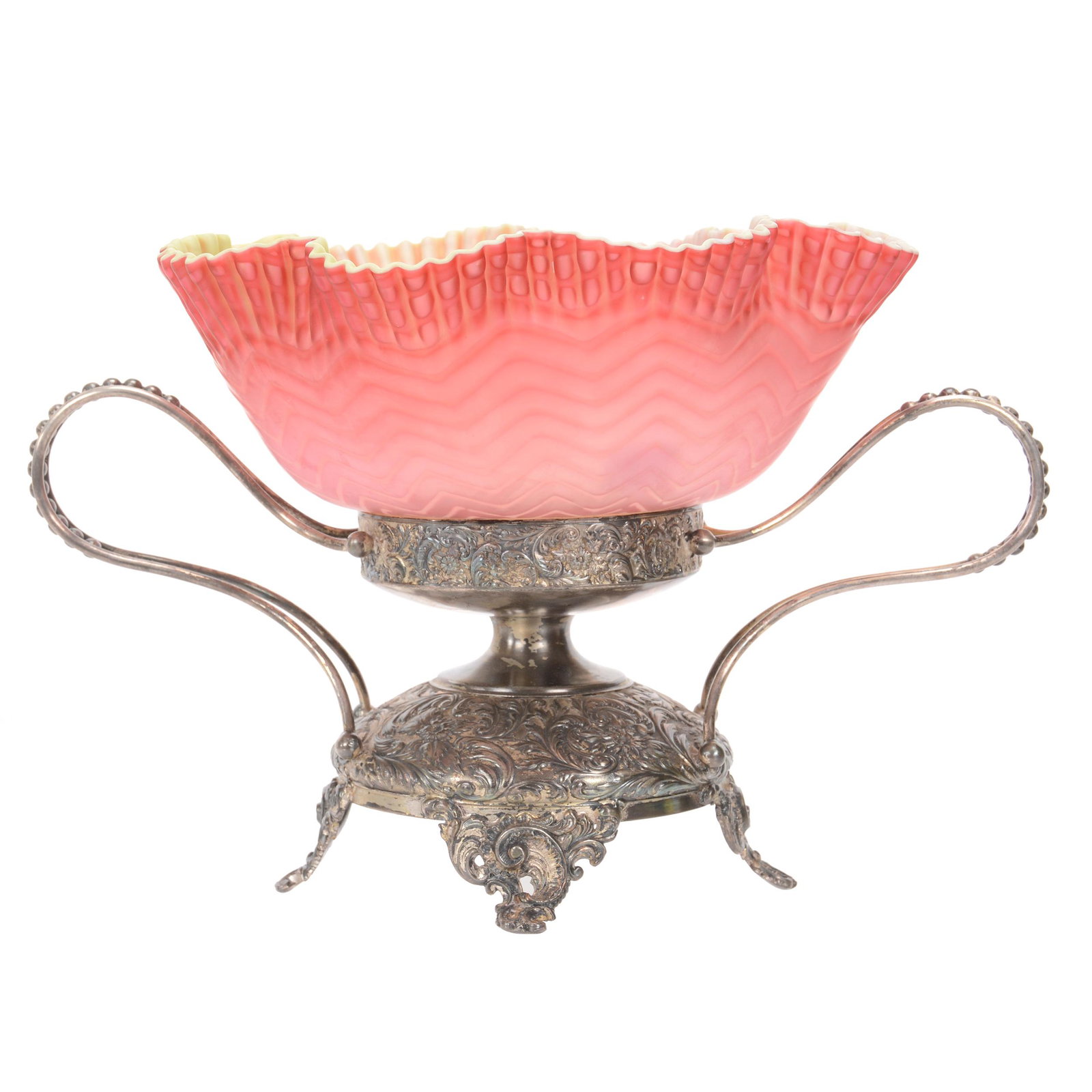 Victorian Brides Basket, Pink Satin MOP Art Glass: Victorian Brides Basket, Pink Satin MOP Art Glass, 7.75" X 10", Herringbone Insert With Pale Green Interior, Set On Intricately Embossed Southington #1549 Silverplate Stand, Nebraska Collection Of Ron
