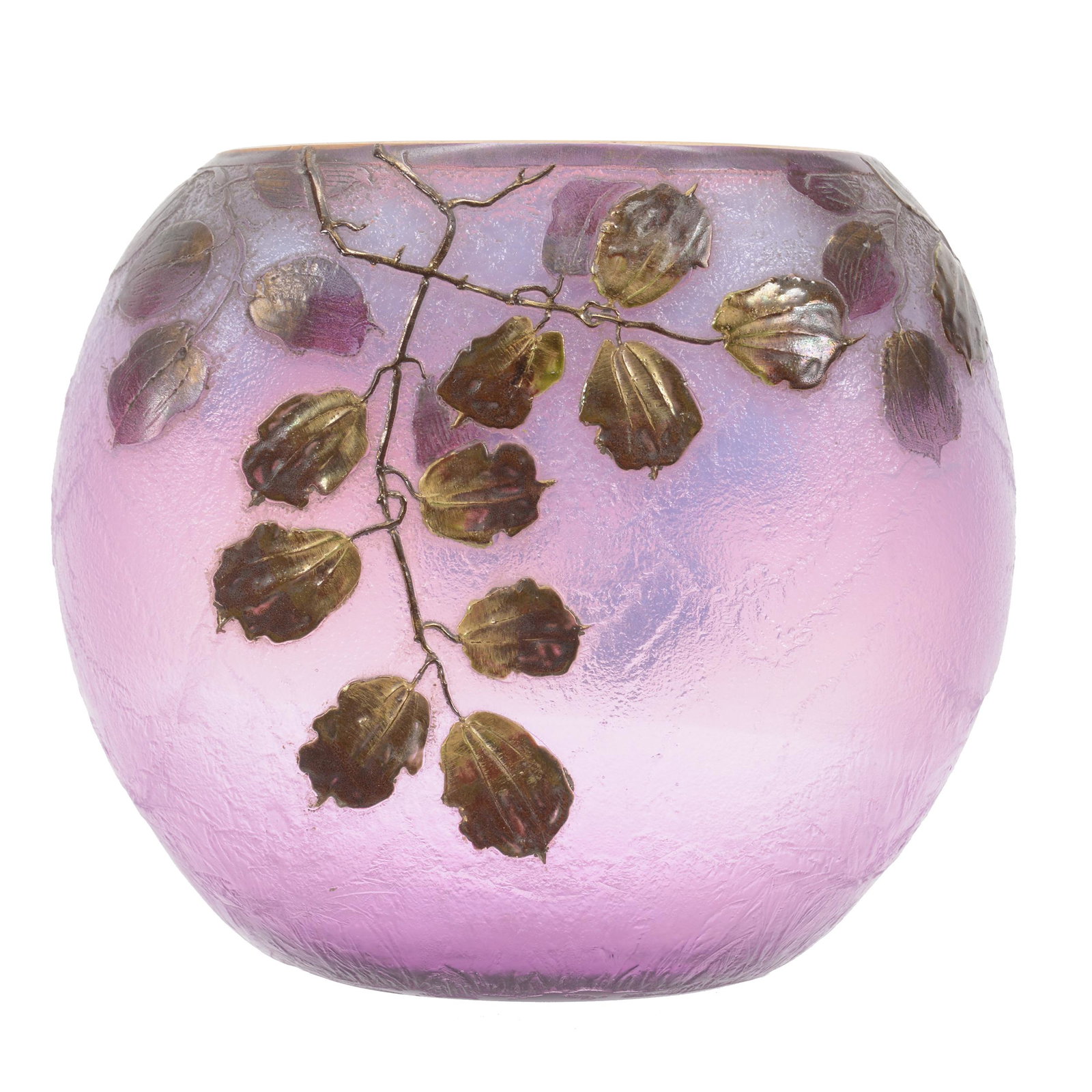 Vase Signed Mont Joye French Cameo Art Glass: Vase Signed Mont Joye French Cameo Art Glass, 5.5" X 6.25", Frosted Lavender Background With Beautiful Cameo Carved Branch And Leaf Decor, Gold Stencil Highlights, Nebraska Collection Of Ron & Pam Ble