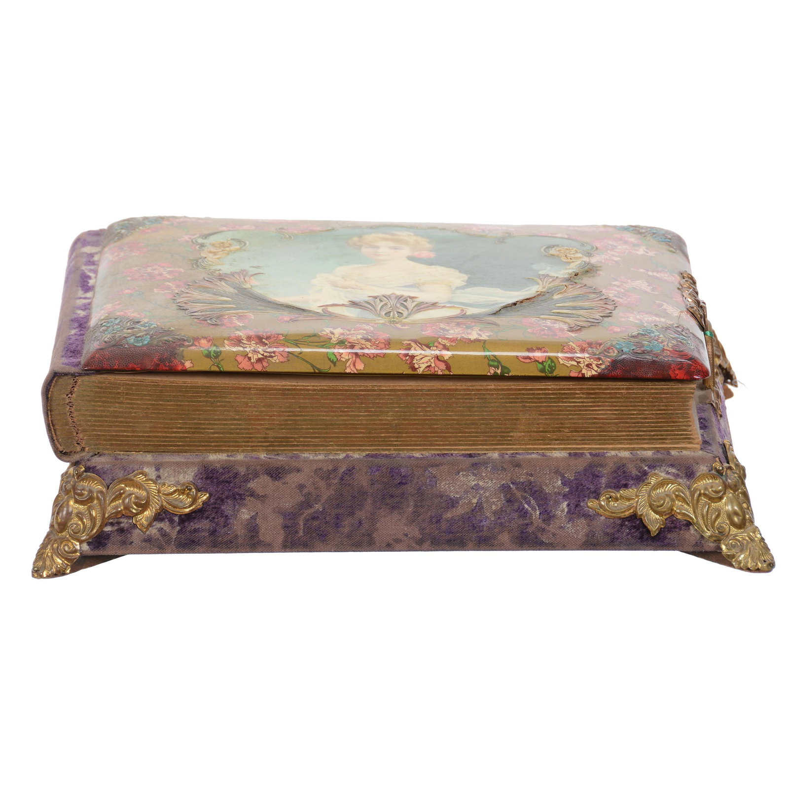Photo Album With Disc Playing Music Box: Photo Album With Disc Playing Music Box, 5" X 15" X 12", Celluloid Cover Featuring Portrait Of Young Woman And Floral Highlights, (9) 4.5" Discs For Music Box Are Included, All Parts Of Music Box Appe