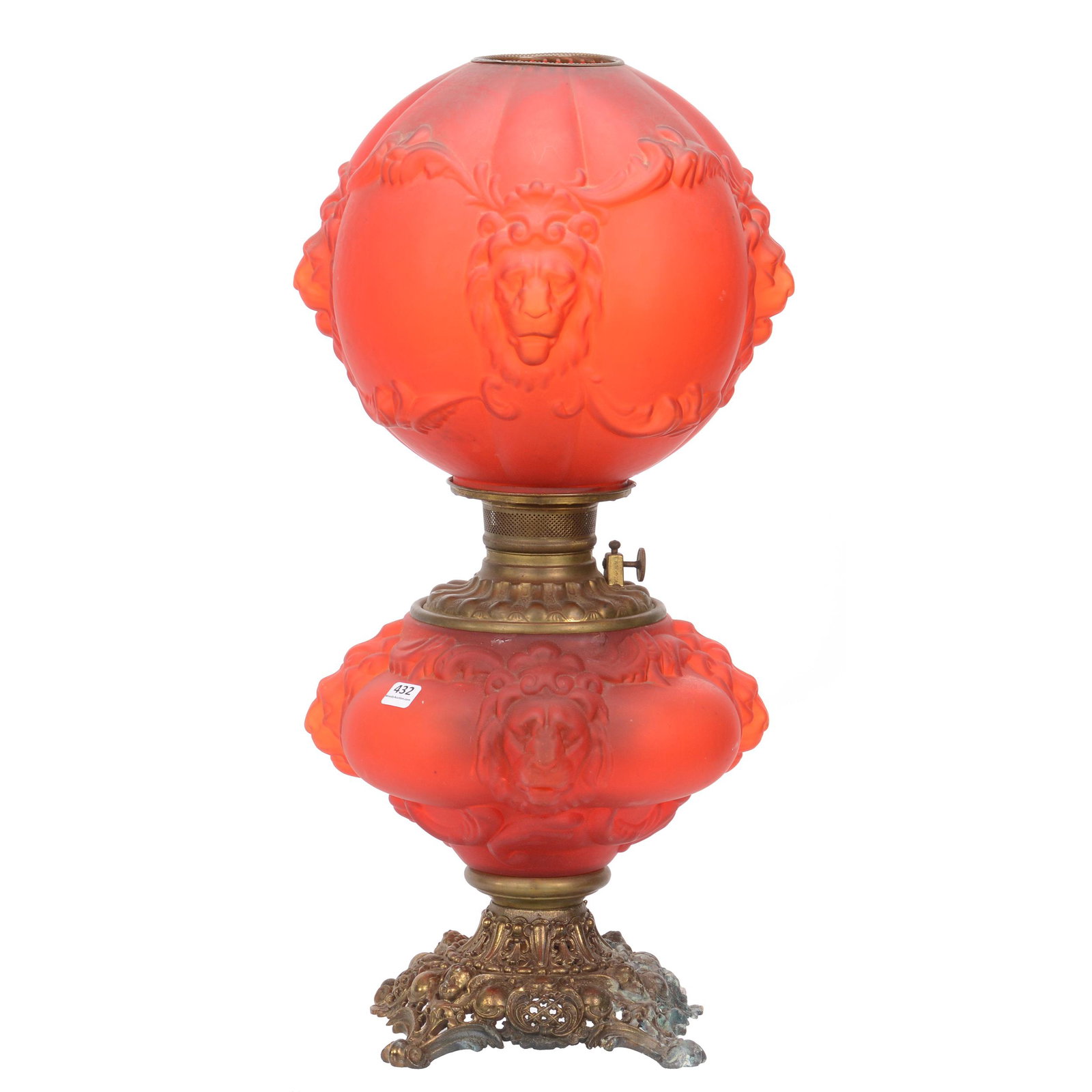 Red Satin Gone With Wind Lamp, Lion Head: Red Satin Gone With Wind Lamp, Lion Head, 23", Made By Consolidated Glass Company, Electrified, Some Tarnish On Base, Nebraska Collection Of Ron & Pam Blessing