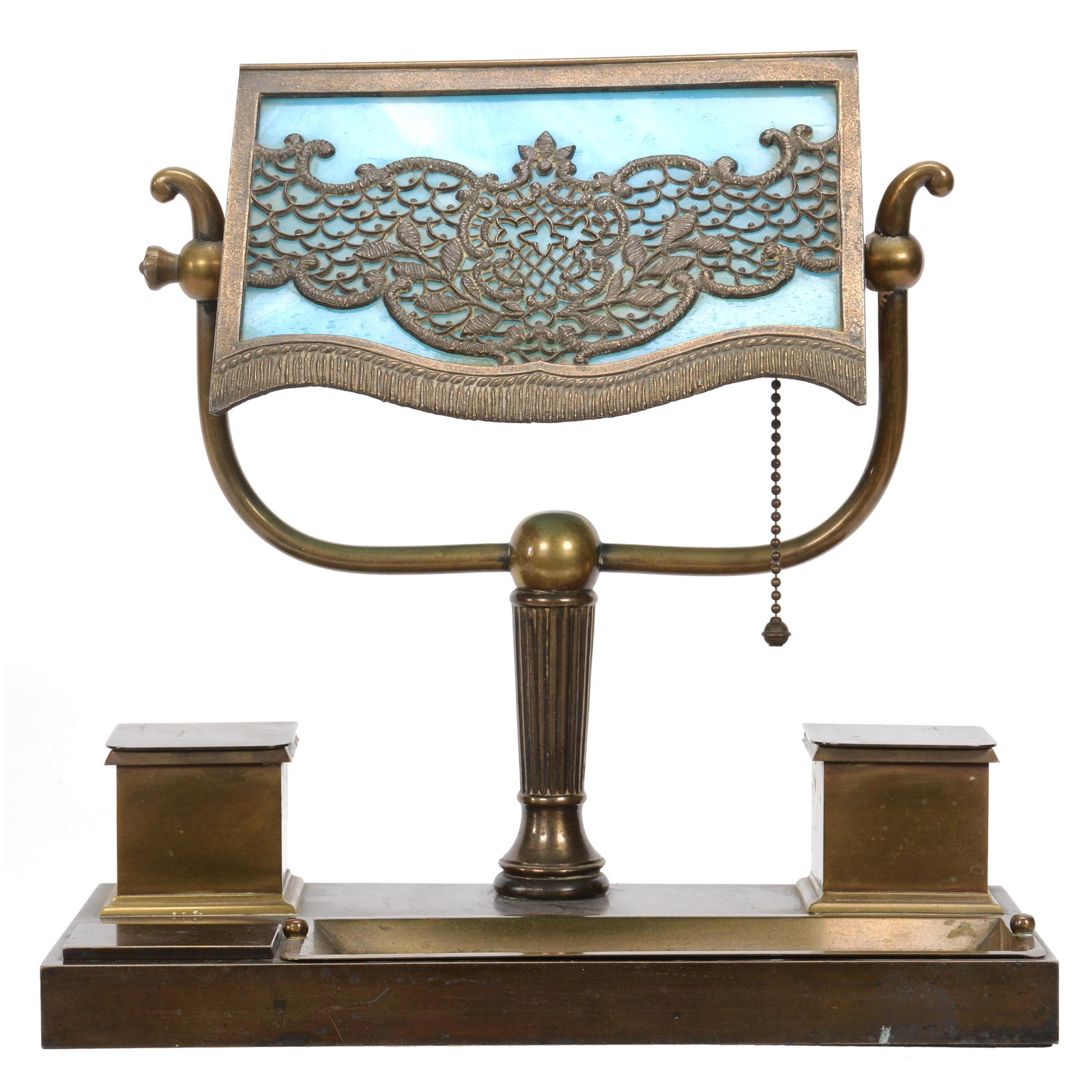 Desk Lamp Marked Bradley And Hubbard, Blue Slag Shade: Desk Lamp Marked Bradley And Hubbard, Blue Slag Shade, 11.5" X 11.5", Wonderful Brass Base, Beautiful Blue Slag Glass Shade, Attached Double Inkwell Base With Pen Tray And Stamp Box Incorporated Into 