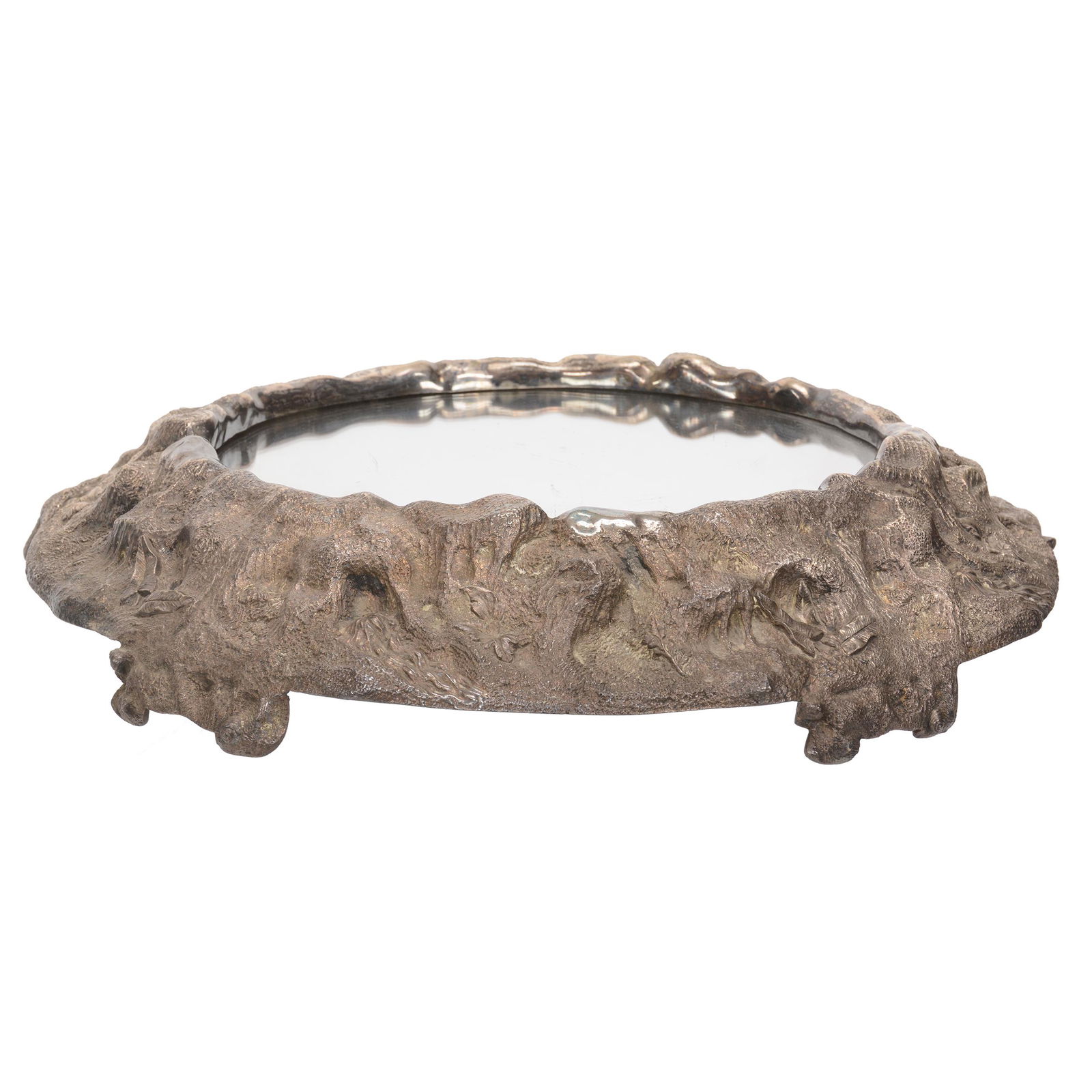 Elaborate Embossed Silverplate Plateau: Elaborate Embossed Silverplate Plateau, 20.5", Silverplate Frame in Form of Tree Trunk, 12" Diameter Mirror, Original Wooden Base, Exceptional Quality, Nebraska Collection Of Ron & Pam Blessing