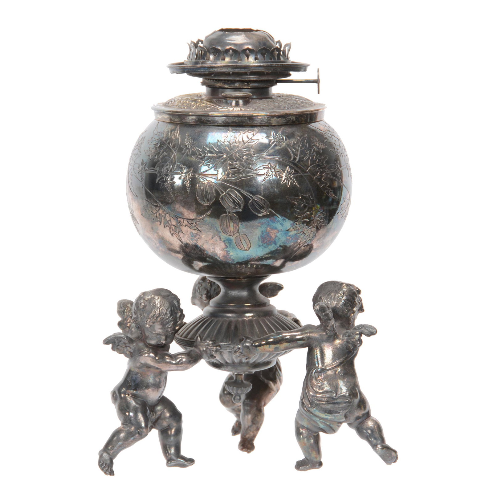 Victorian Silverplate Lamp Base, Meriden #2650: Victorian Silverplate Lamp Base, Meriden #2650, 13" X 8.5", Three Full Figure Cherubs Holding Kerosene Lamp Font, Engraved Floral Branch Decor, Excellent Quality, Nebraska Collection Of Ron & Pam Bles