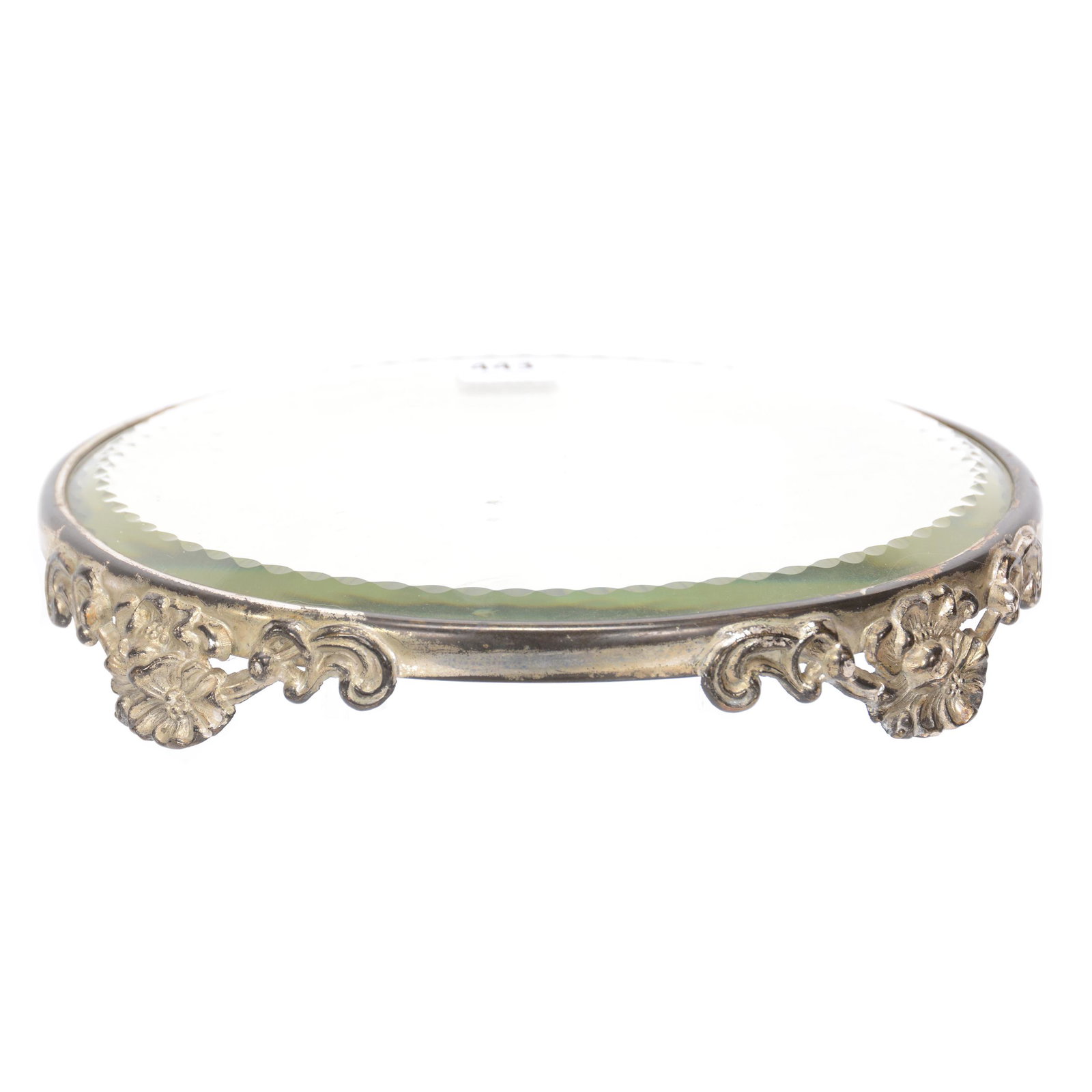Mirror Plateau, Footed, Beveled Mirror: Mirror Plateau, Footed, Beveled Mirror, 8", Silverplate Frame With Embossed Floral Feet, Nice Size, Nebraska Collection Of Ron & Pam Blessing