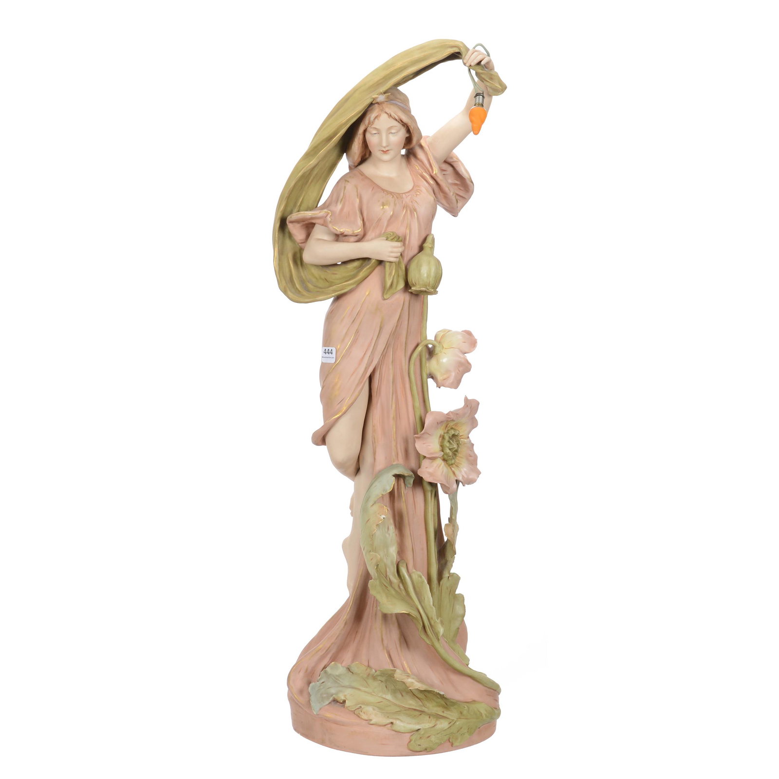 Marked Royal Dux #1197 Art Nouveau Figure: Marked Royal Dux #1197 Art Nouveau Figure, 31.5", Full Figure Woman With Poppy Highlights, Electrified With Single Bulb Being Held From Hand, One Of The Largest Royal Dux Pieces Available, Some Chips 