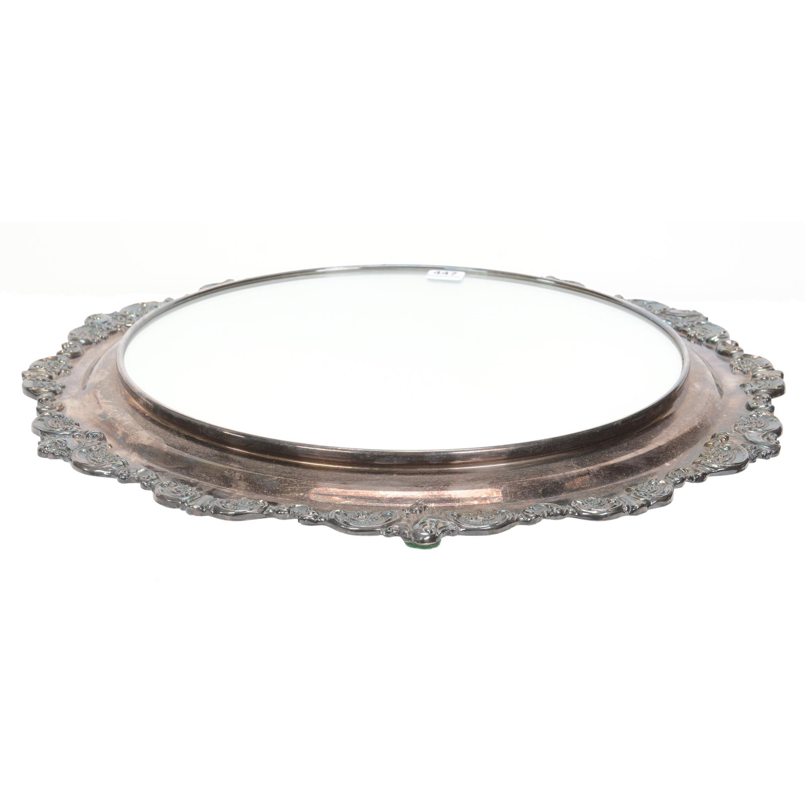 Mirror Plateau, Wide Flared Border: Mirror Plateau, Wide Flared Border, 16" Overall, Embossed Floral Design On Border, 12" Diameter Mirror, Nebraska Collection Of Ron & Pam Blessing