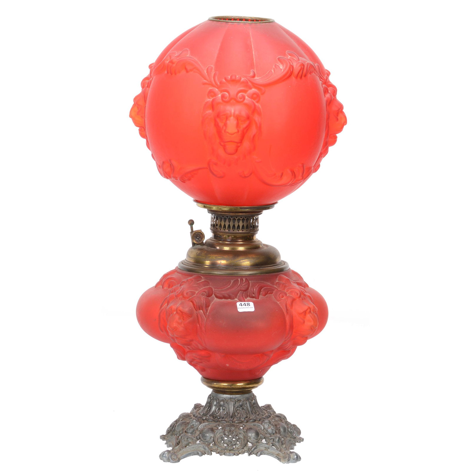 Red Satin Gone With Wind Lamp, Lion Head: Red Satin Gone With Wind Lamp, Lion Head, 23", Consolidated Glass Company, Original Kerosene, Nebraska Collection Of Ron & Pam Blessing