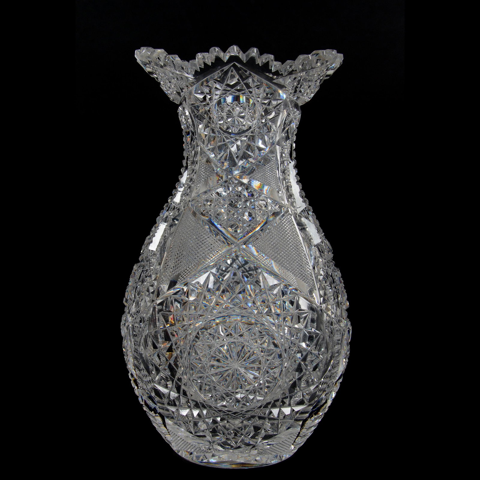 Vase, ABCG: Vase, ABCG, 7.75", Hobstar, Cane, Nailhead Diamond, Strawberry Diamond, Star And Prism Motif, Hobstar Cut Base, Nice Size, Tooth Chip, Mike and Anita Byrne Collection