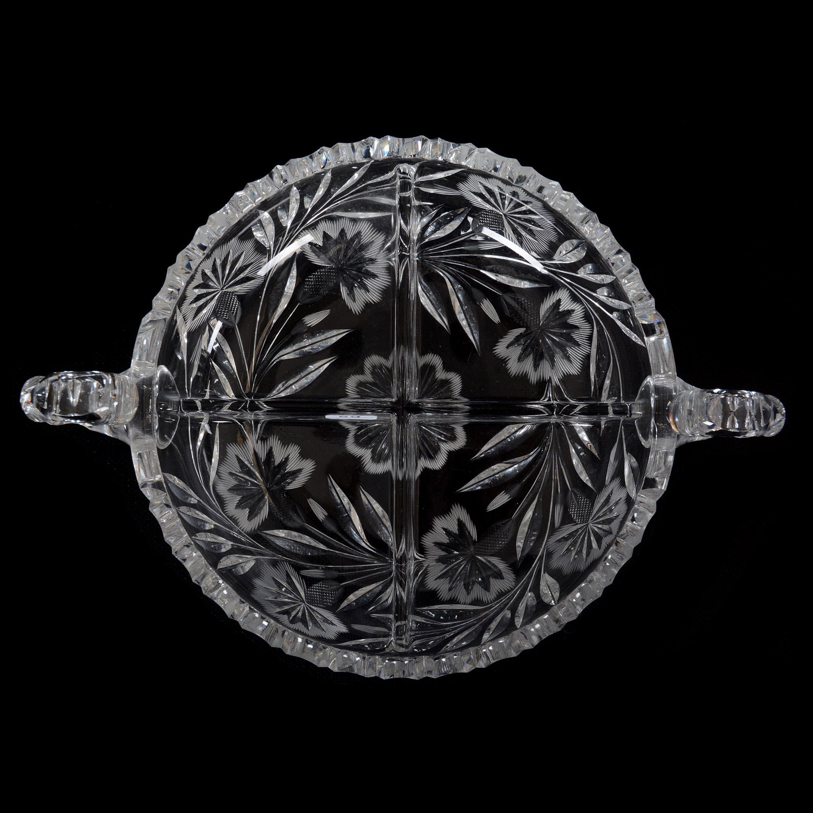 Bowl, Four Division, Two Handles, ABCG: Bowl, Four Division, Two Handles, ABCG, 3" X 12.25", Engraved Thistle Design, Double Notched Handles, Notched Rim, Small Edge Chips, Private Collection