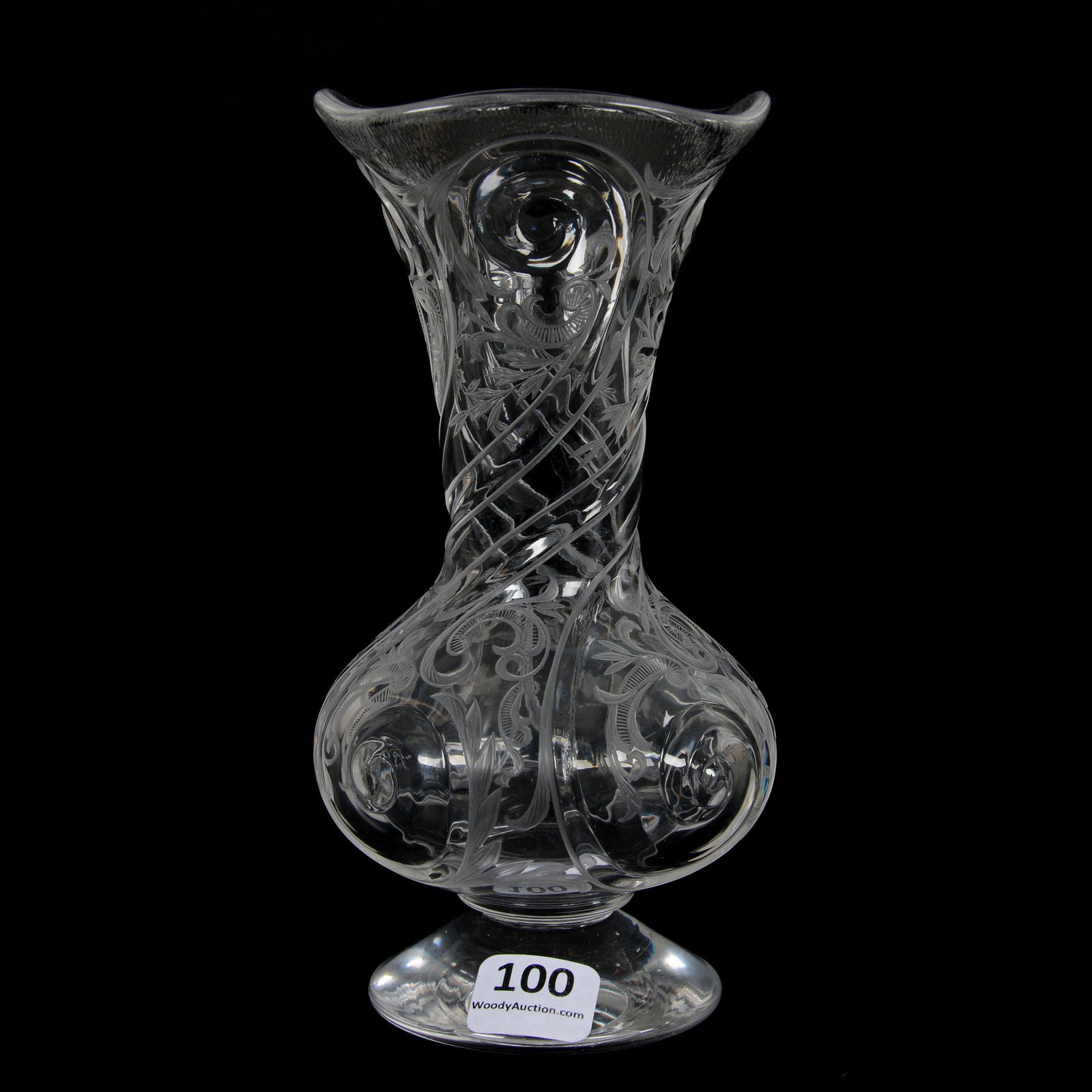 Pedestal Vase, BPCG, Webb Rock Crystal: Pedestal Vase, BPCG, Webb Rock Crystal, 6.5" X 3.25", Carved Snail And Scroll Design, Clear Blank, Private Collection