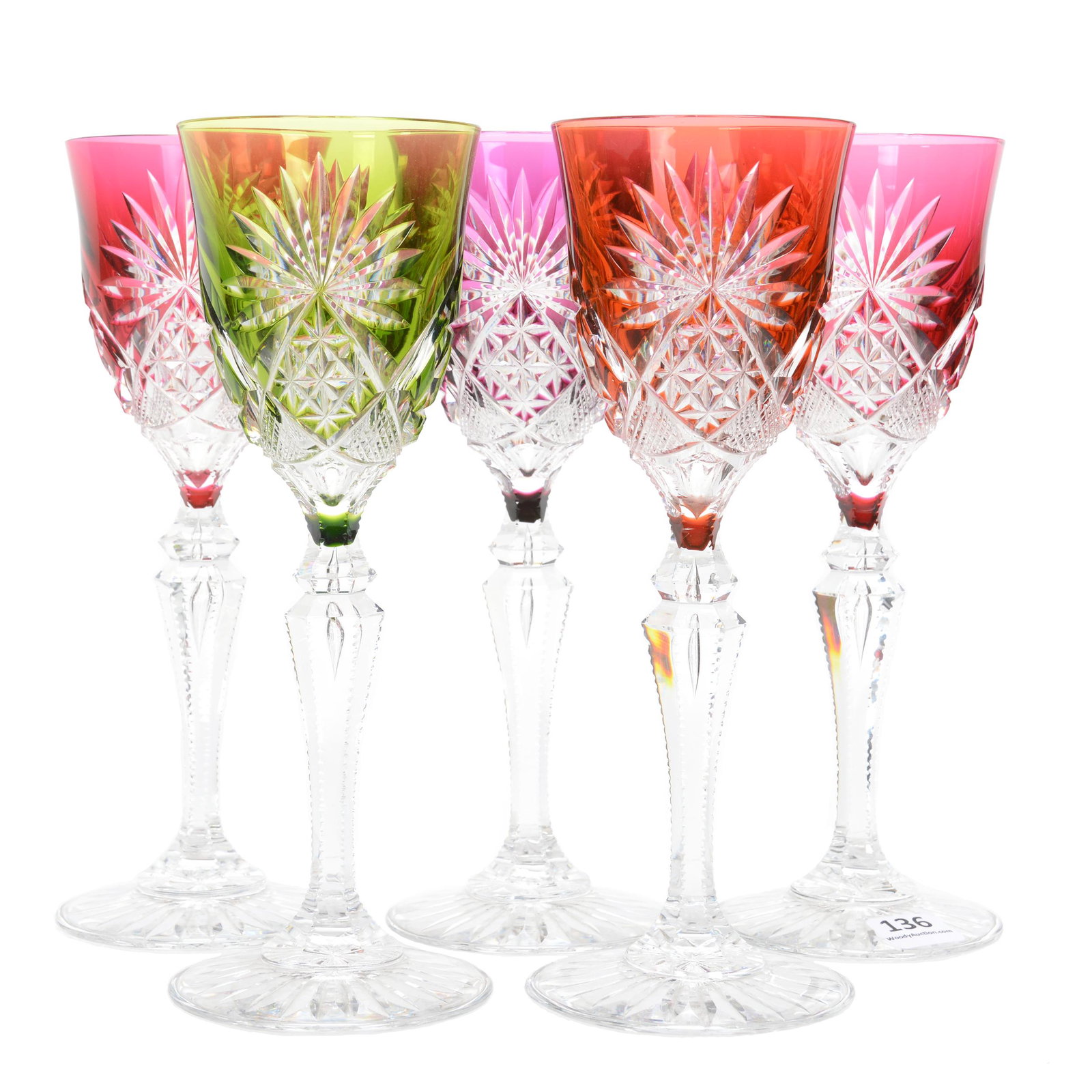 (5) Wine Stems, BPCG, Color Cut To Clear: (5) Wine Stems, BPCG, Color Cut To Clear, 8.375", Val St. Lambert, Design #3269/17, Circa 1905, (2) Ruby Cut To Clear, (1) Tangerine To Clear, (1) Green To Clear, (1) Amethyst To Clear, Private Collec
