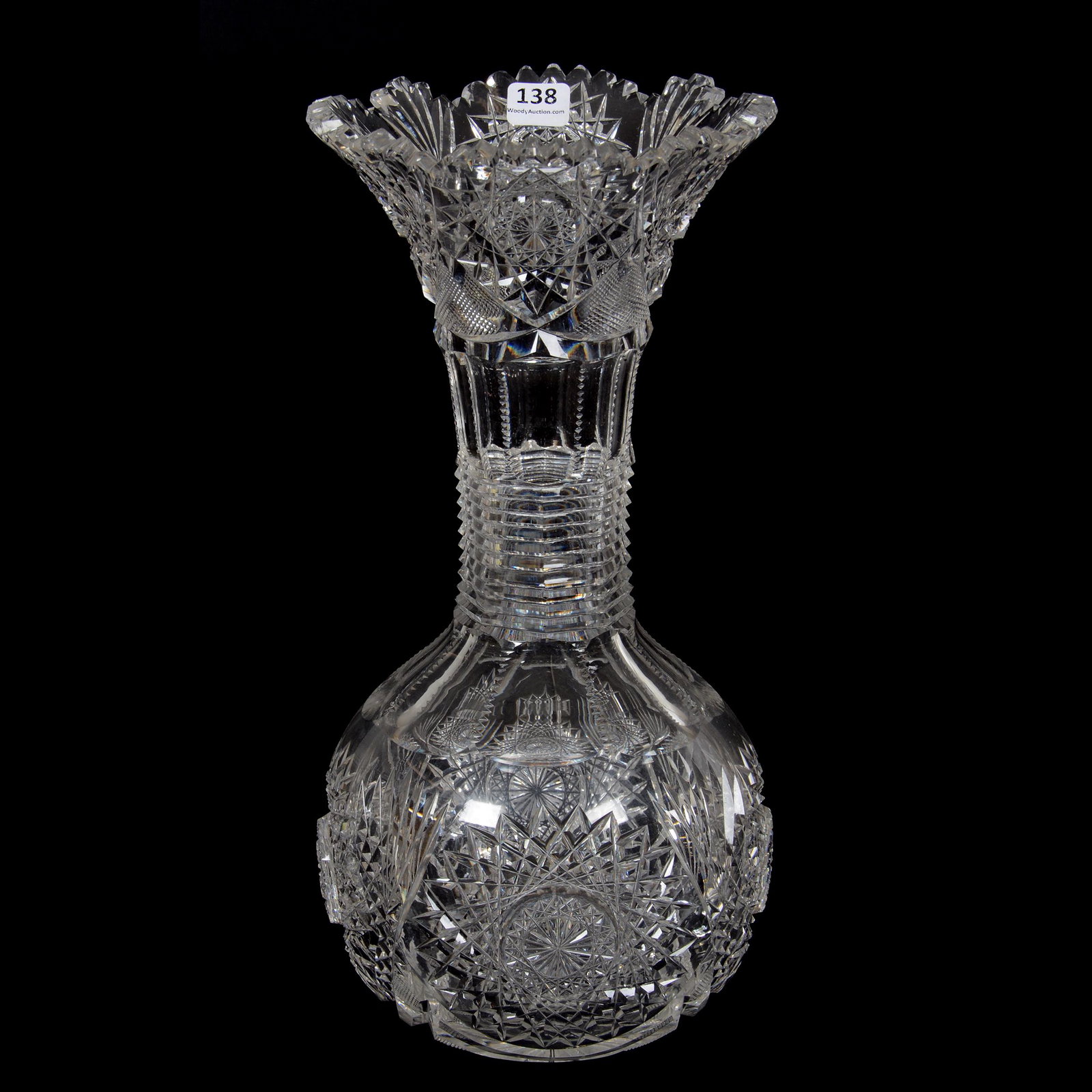 Vase, ABCG: Vase, ABCG, 13.25" X 6.25", Hobstar, Strawberry Diamond And Fan Motif, Stepcut Neck, Ray Cut Base, Nice Form, Tooth Chip, Florida Collection