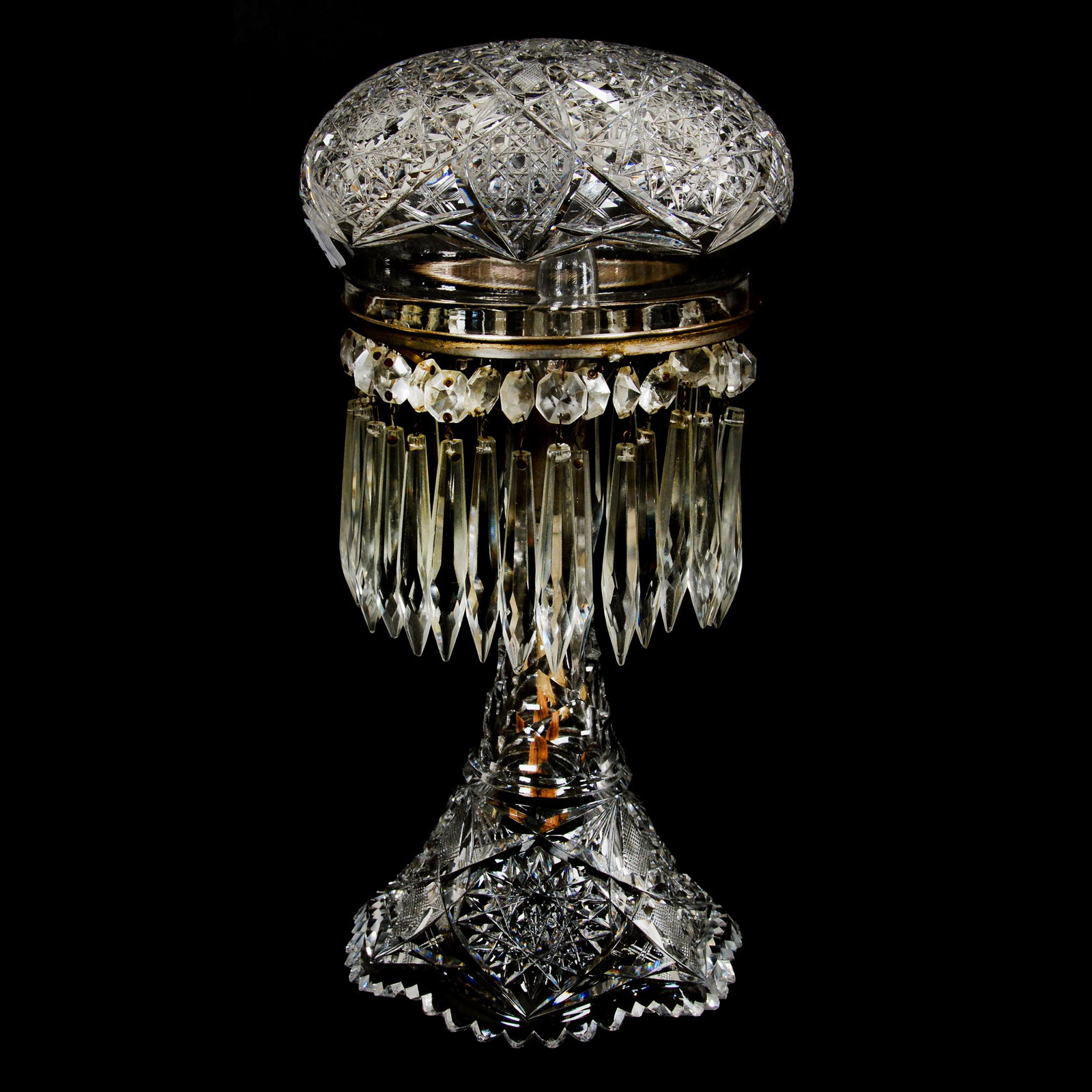 Boudoir Lamp, ABCG: Boudoir Lamp, ABCG, 12.5" X 6", Hobstar, Vesica, Cane And Strawberry Diamond Motif, Electrified, Single Bulb, Small Inside Rim Chip On Shade Is Covered When Set In Place, Base Chips, Bernard F. Jamiso