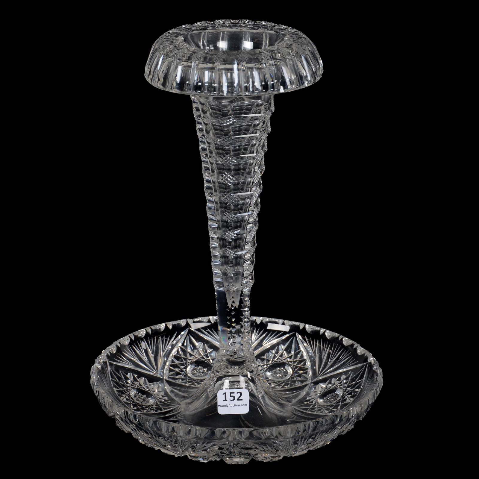 Epergne, One Piece, ABCG, By W.C. Anderson: Epergne, One Piece, ABCG, By W.C. Anderson, 11" X 8", Hobstar And Fan Cut Bowl With Fully Attached Rolled Rim Center Trumpet Vase With Punty And Crosshatch Motif, Rare Form, Exactly As Featured In Cha
