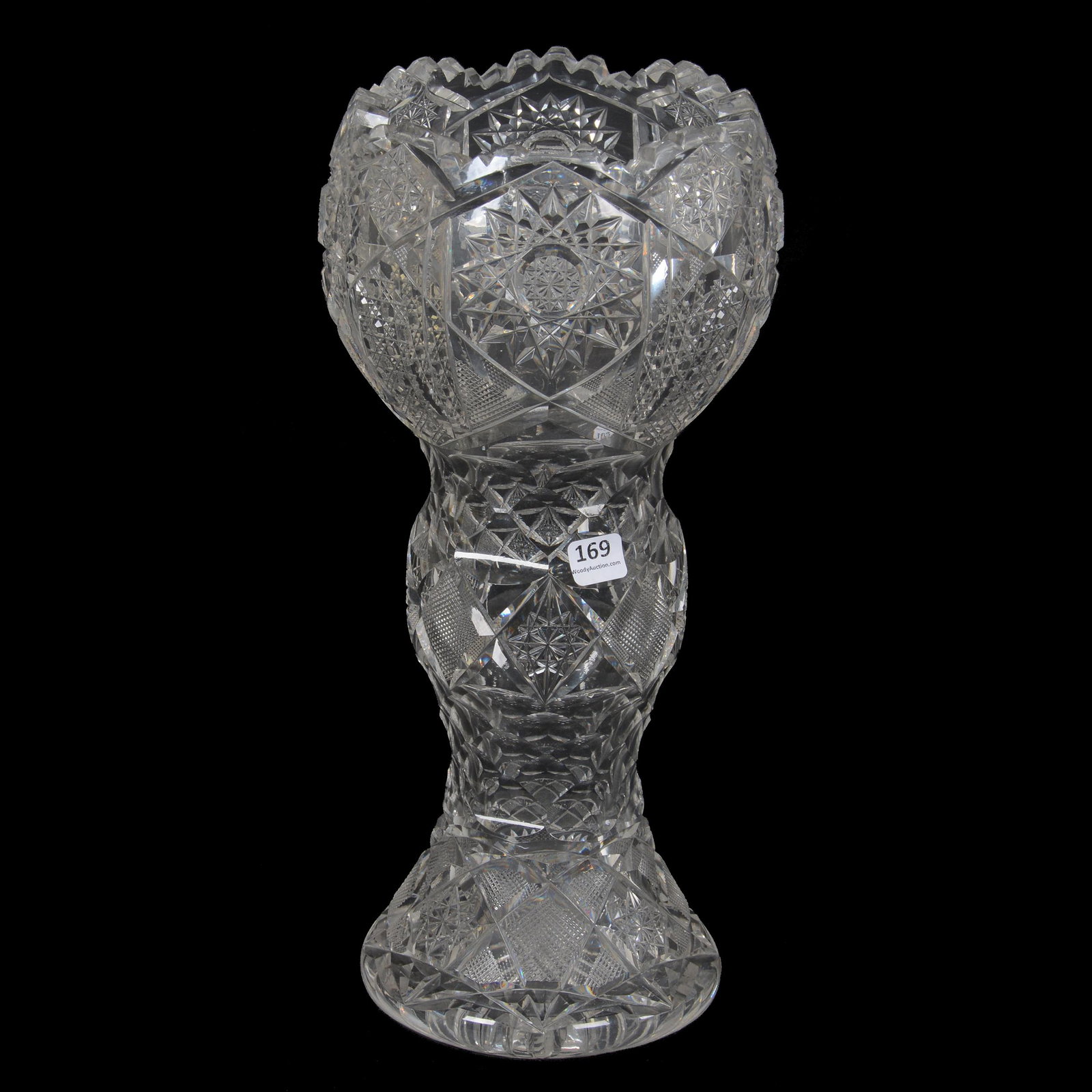 Vase, ABCG, Bulging Form: Vase, ABCG, Bulging Form, 14.5" X 6.5", Hobstar, Cane, Strawberry Diamond, Prism Motif, St. Louis Diamond Highlights, Ray Cut Base, Total Weight Of Eight & Half Pounds, Mike and Anita Byrne Collection