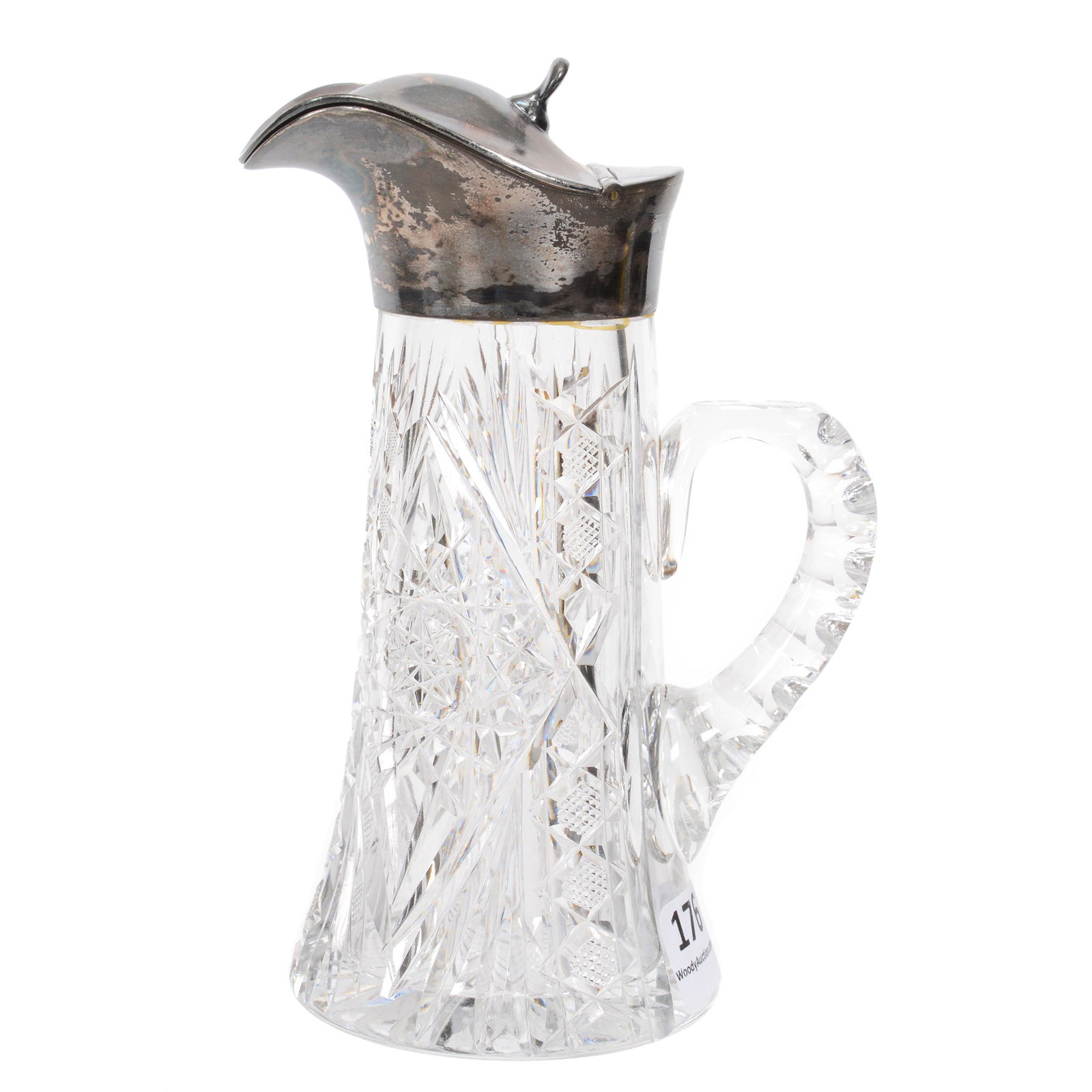 Syrup Pitcher, ABCG: Syrup Pitcher, ABCG, 6", Hobstar, Strawberry Diamond Buttons And Fan Motif, Silverplate Spout And Lid, Double Notched Handle, Ray Cut Base, Bernard F. Jamison Collection