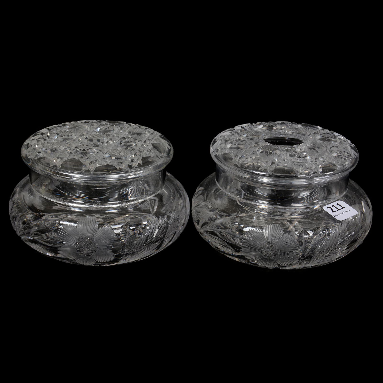 Vanity Set, ABCG, Powder Jar & Hair Receiver: Vanity Set, ABCG, Powder Jar & Hair Receiver, 3" X 5", Engraved Floral Body With Harvard Cut Lid And Harvard Cut Base, Some Rim Roughness On Both Lids, One Base Has Rim Chip, Private Collection