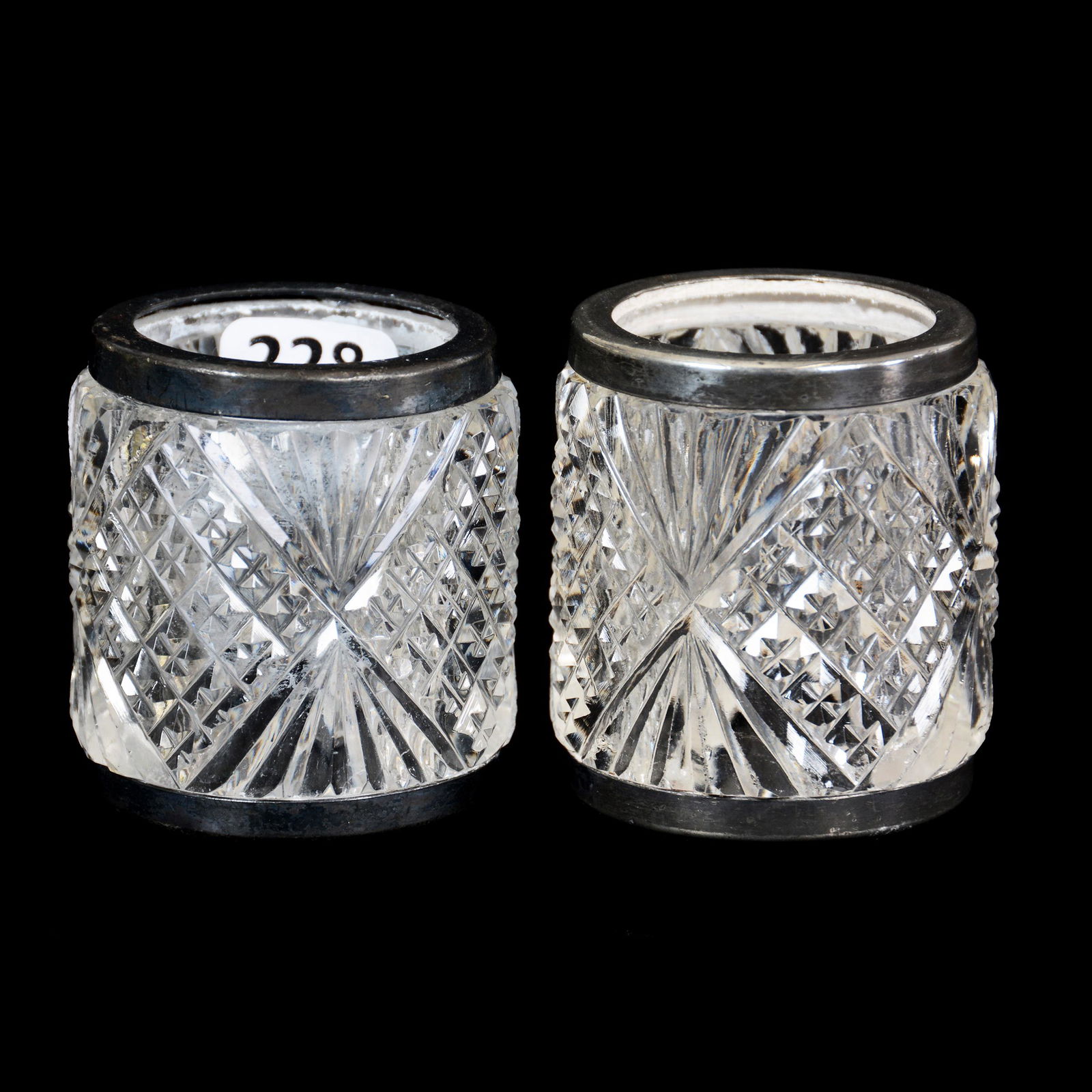 (2) Napkin Rings, ABCG, Attributed To C.F. Monroe: (2) Napkin Rings, ABCG, Attributed To C.F. Monroe, 2.25" X 2", Crosscut Diamond And Fan Motif, Silverplate Rims, Florida Collection