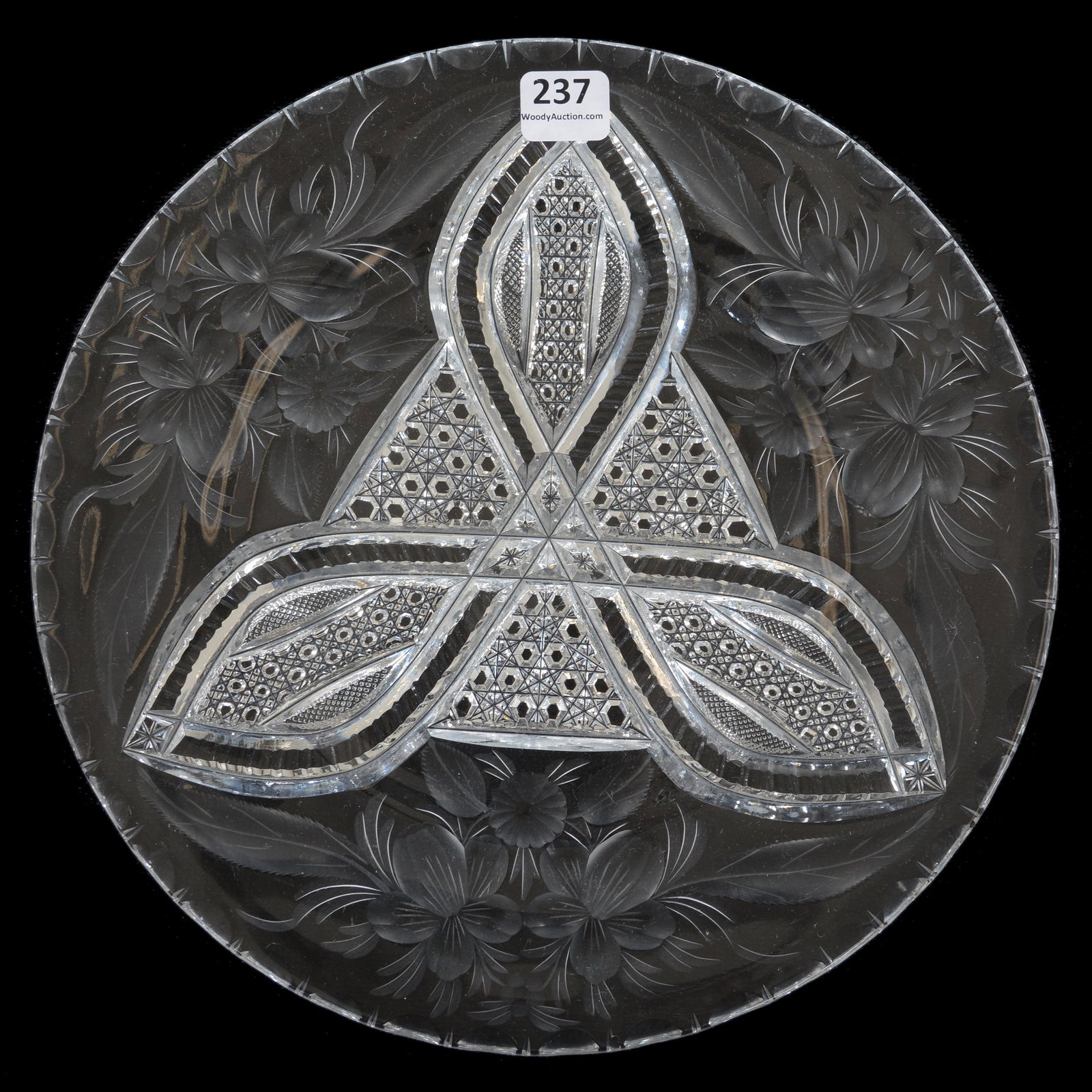 Plate, Sinclaire, ABCG: Plate, Sinclaire, ABCG, 10", Geometric Three Section Center With Vesica, Cane, Nailhead Diamond And Zipper Motif, Engraved Floral Border, West Coast Collection. UPDATED 3-17-2021: Identified as Sincla