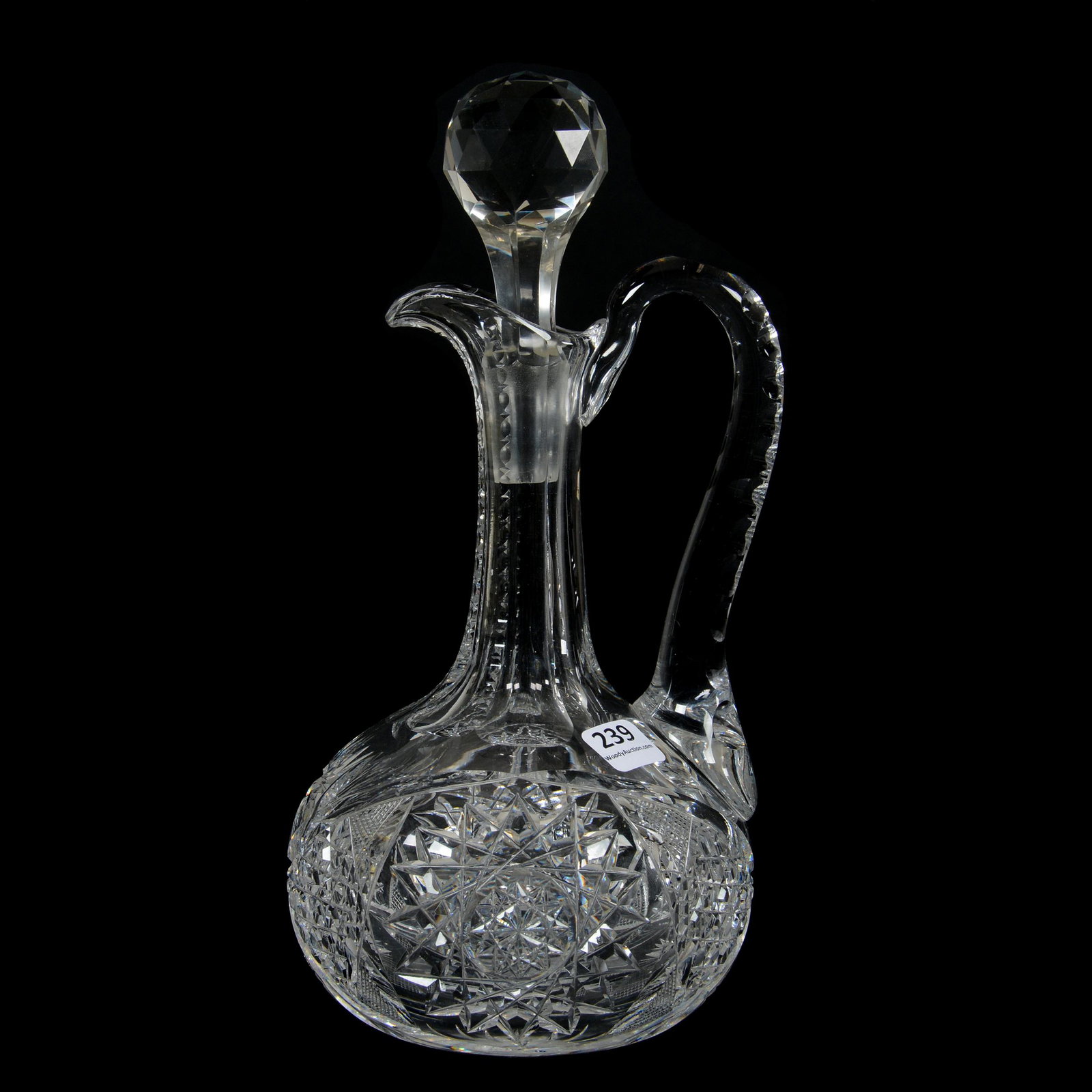 Decanter, ABCG: Decanter, ABCG, 10.5", Hobstar, Nailhead Diamond, Strawberry Diamond, Star And Fan Motif, Ray Cut Base, Double Notched Handle, Bernard F. Jamison Collection