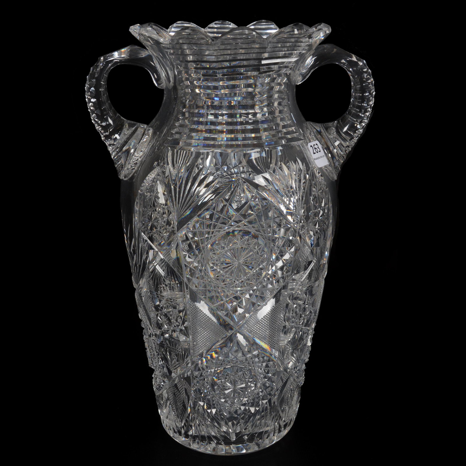 Handled Vase, ABCG, Monarch By J. Hoare: Handled Vase, ABCG, Monarch By J. Hoare, 12" X 7.75", Triple Notched Handles, Step Cut Neck, Ray Cut Base, Mike and Anita Byrne Collection