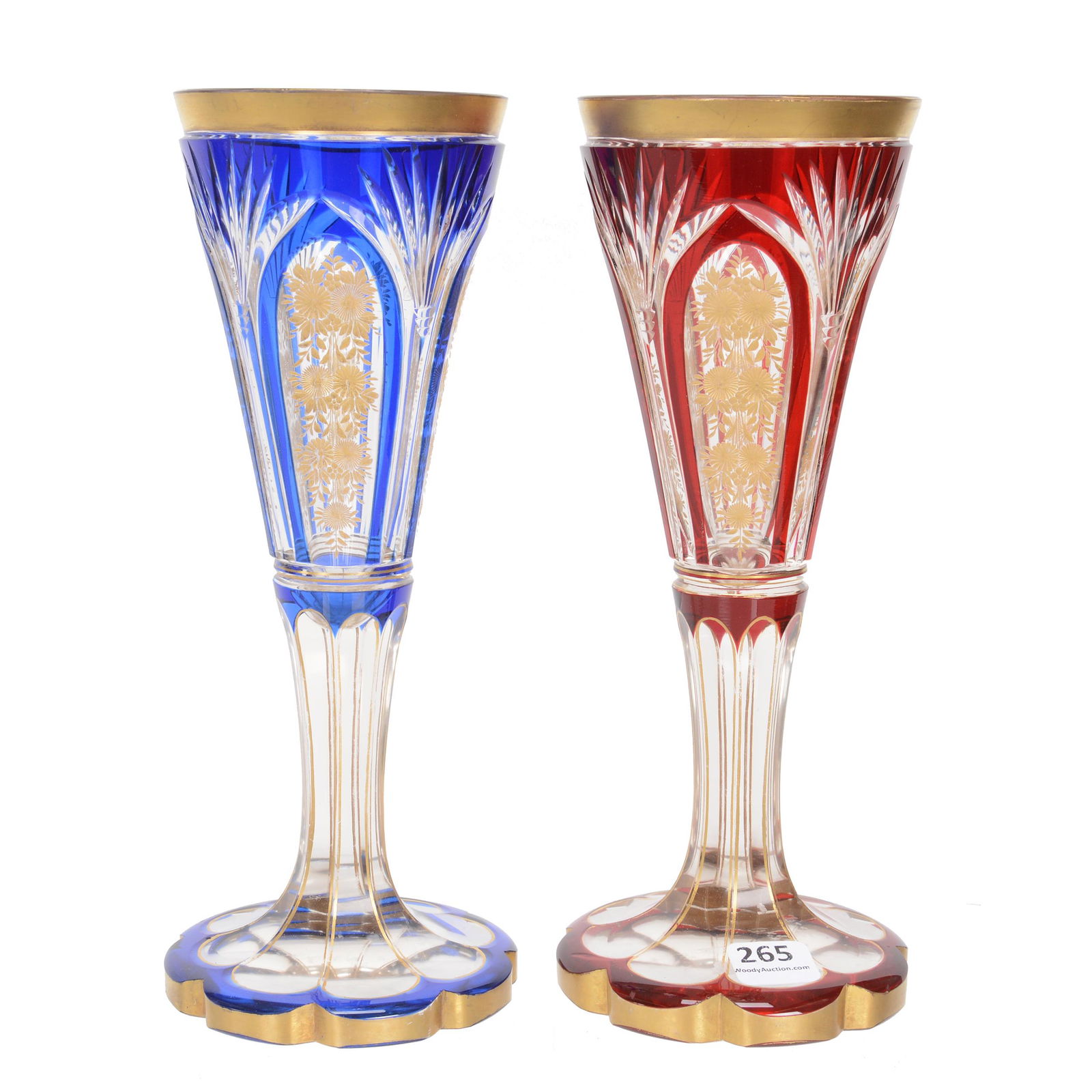 (2) Vases, BPCG, Color Cut To Clear: (2) Vases, BPCG, Color Cut To Clear, 9.5", Engraved Floral Panels And Gold Stencil Highlights, (1) Cobalt Blue, (1) Ruby, Private Collection