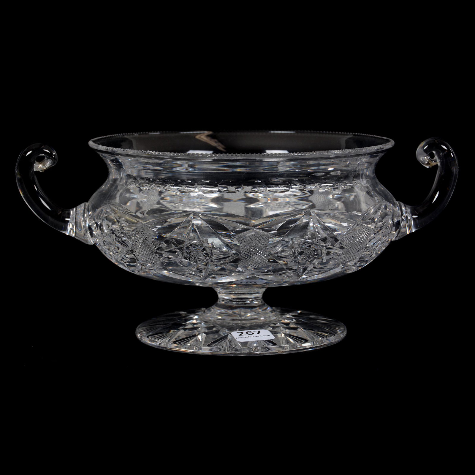 Pedestal Bowl, ABCG, Two Handles: Pedestal Bowl, ABCG, Two Handles, 4.5" X 10", Square Hobstar Alternating With File Motif, Flashed Hobstar Foot, Unique Applied Handles, Extra Clear Blank, Nice Quality, Exact Form Shown In Pairpoint A