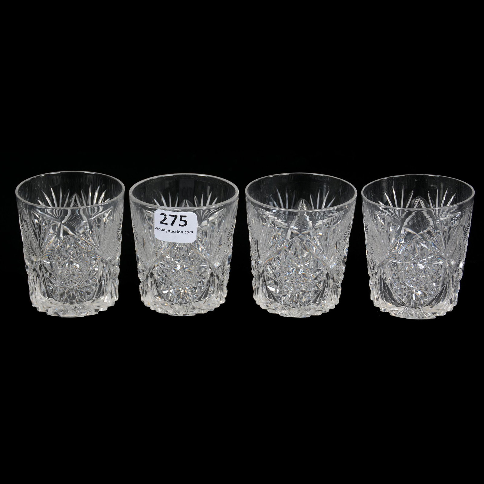 (4) Whiskey Glasses, ABCG: (4) Whiskey Glasses, ABCG, 2.5", Hobstar, Strawberry Diamond And Fan Motif, Ray Cut Base, Bernard F. Jamison Collection