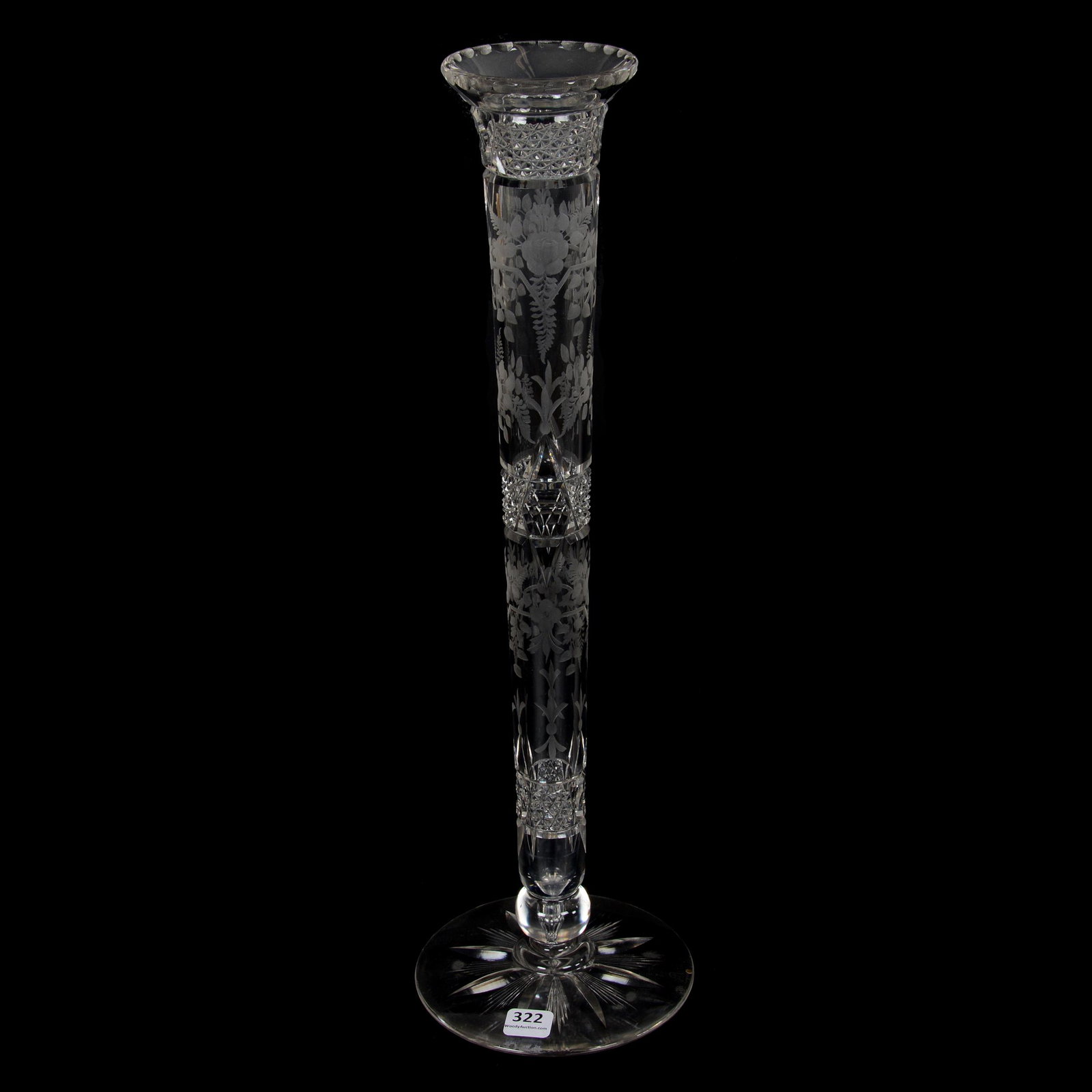 Pedestal Vase, ABCG, Signed Hawkes: Pedestal Vase, ABCG, Signed Hawkes, 17.75" X 3.25", Diamond And Geometric Cut Bands With Engraved Floral Highlights, Flashed Ray 5" Diameter Foot, Mike and Anita Byrne Collection